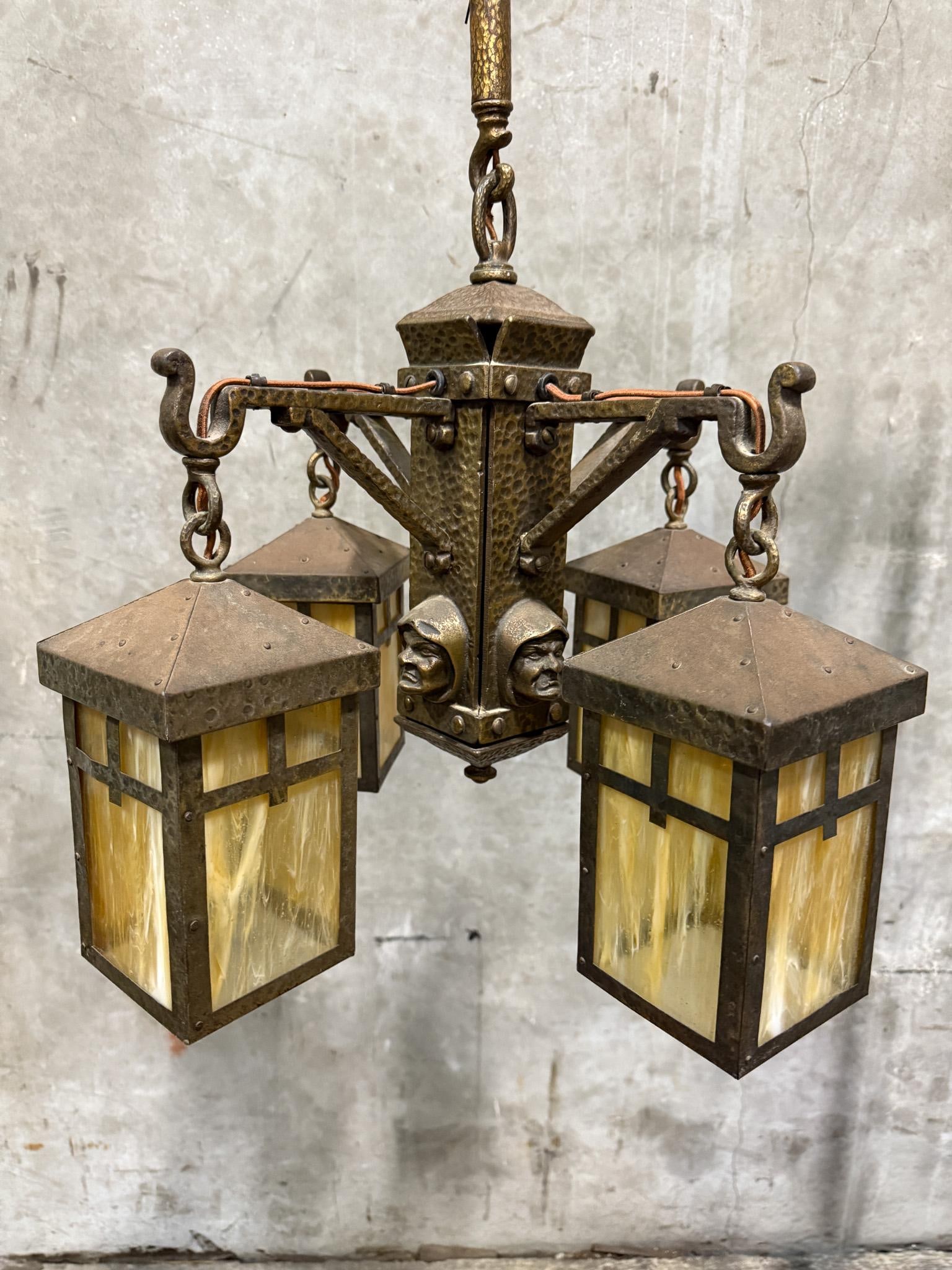 Antique Arts & Crafts Hammered Iron "Monk" Chandelier – Slag Glass Lantern Fixture (20") - 3