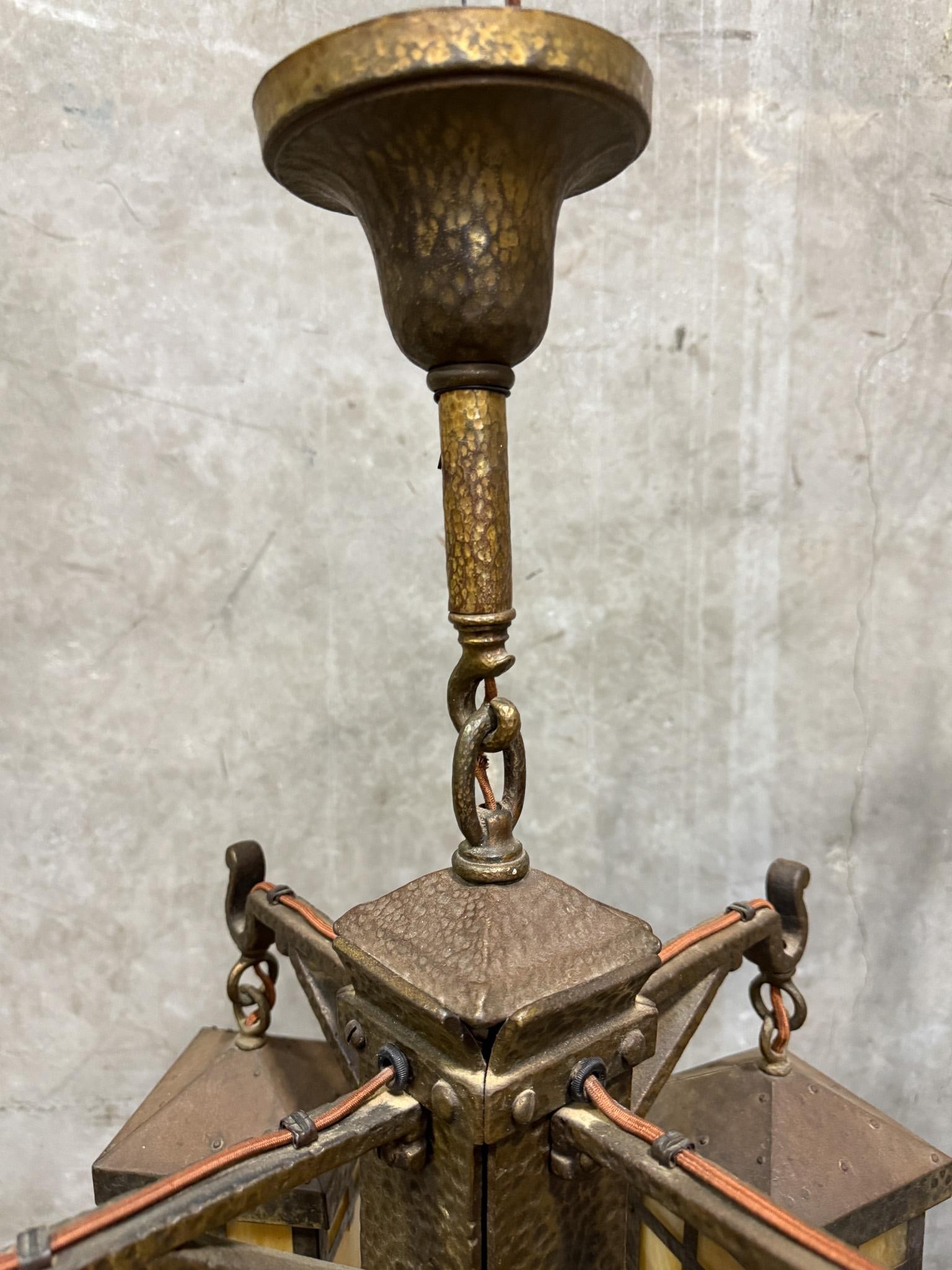 Antique Arts & Crafts Hammered Iron "Monk" Chandelier – Slag Glass Lantern Fixture (20") - 4