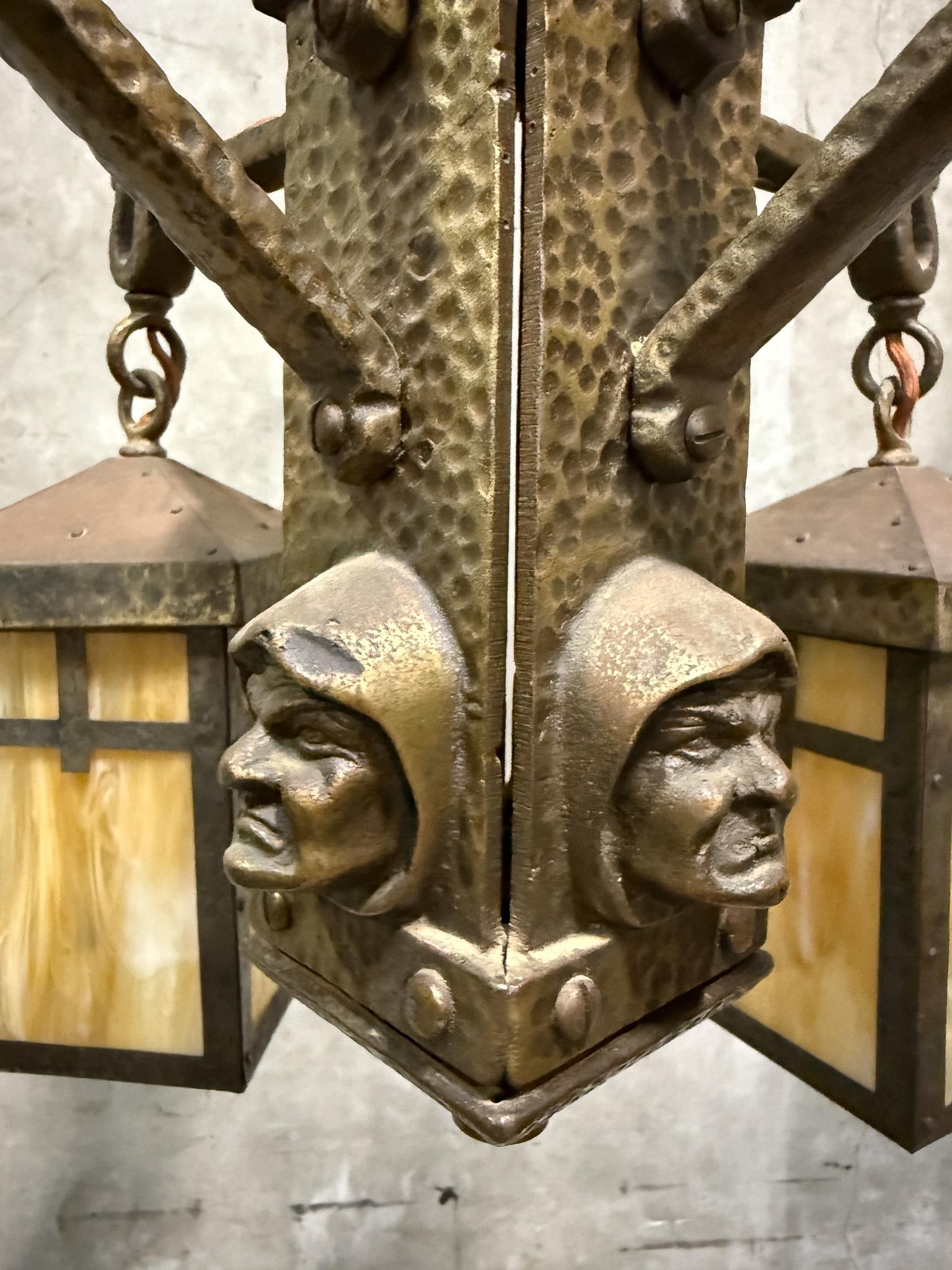Antique Arts & Crafts Hammered Iron "Monk" Chandelier – Slag Glass Lantern Fixture (20") - 5