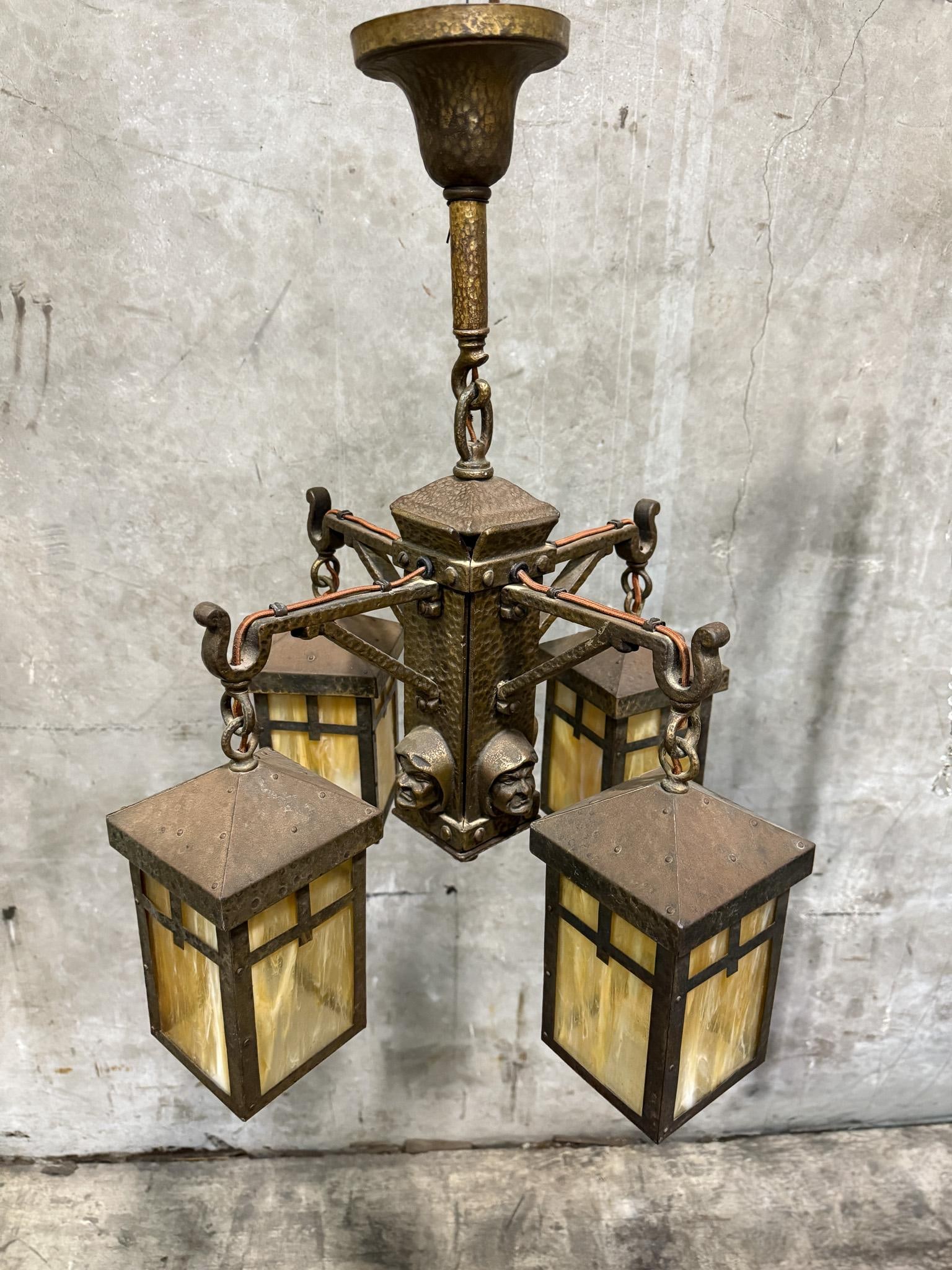 Antique Arts & Crafts Hammered Iron "Monk" Chandelier – Slag Glass Lantern Fixture (20") - 6
