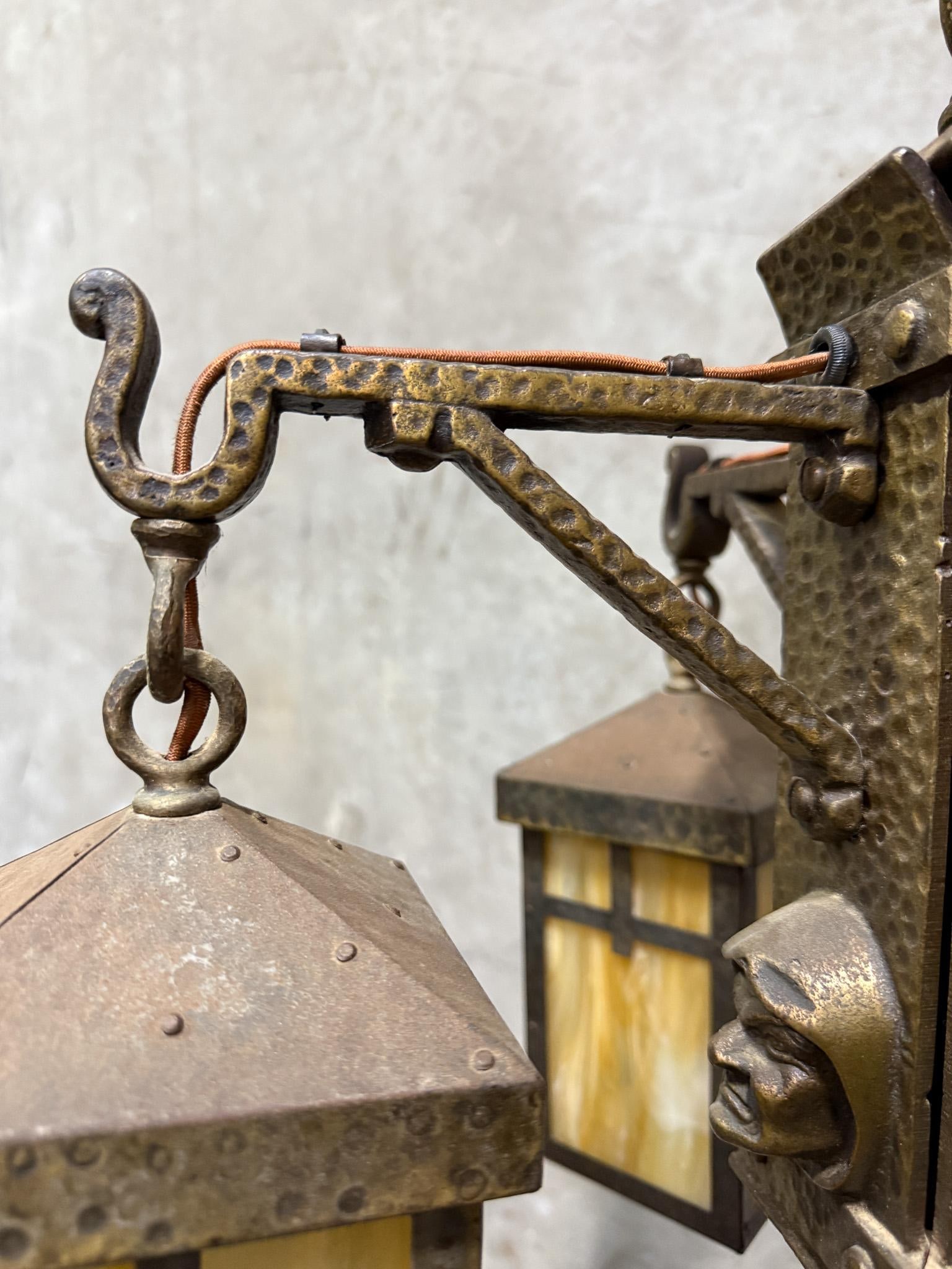 Antique Arts & Crafts Hammered Iron "Monk" Chandelier – Slag Glass Lantern Fixture (20") - 7