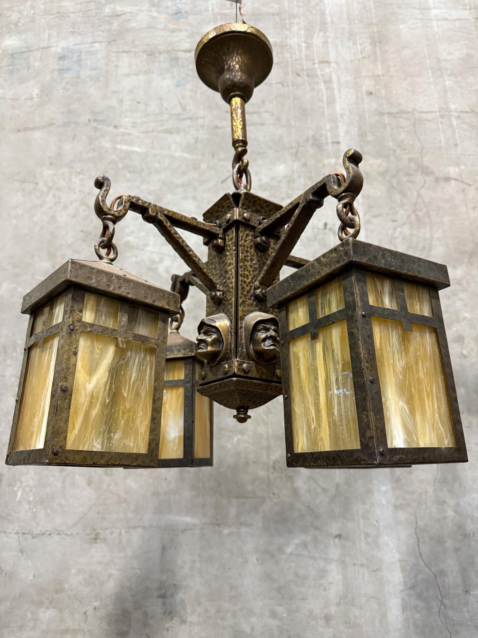 Antique Arts & Crafts Hammered Iron "Monk" Chandelier – Slag Glass Lantern Fixture (20") - 8