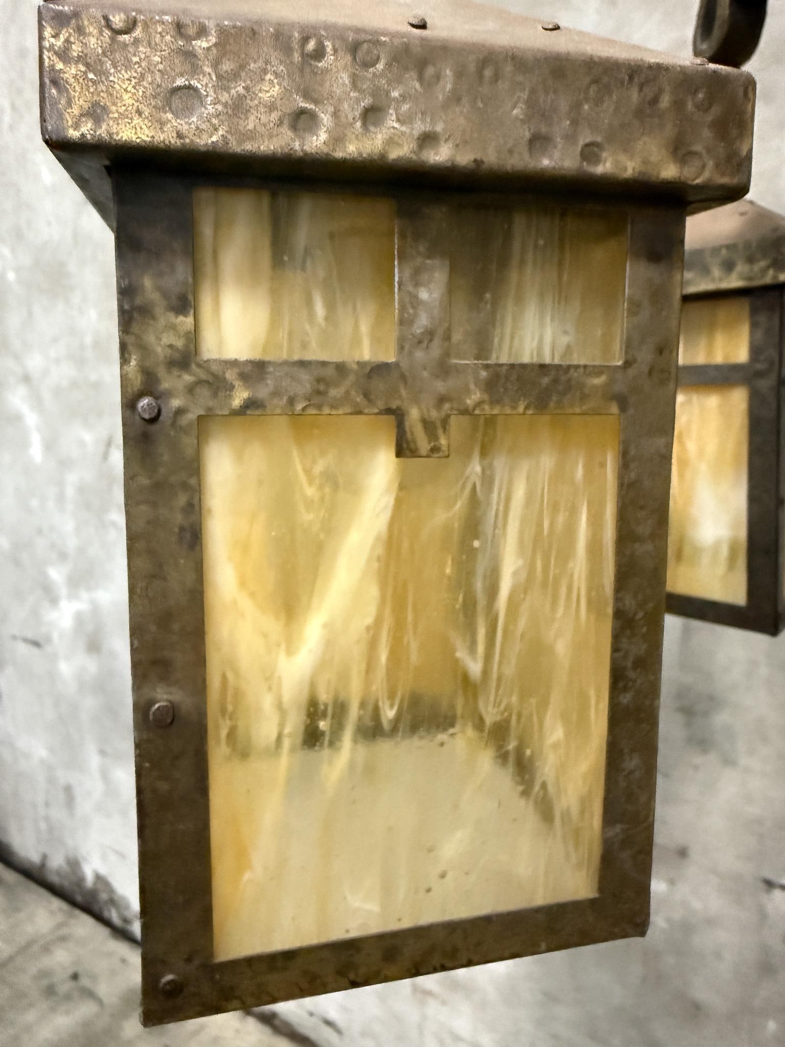 Antique Arts & Crafts Hammered Iron "Monk" Chandelier – Slag Glass Lantern Fixture (20") - 9