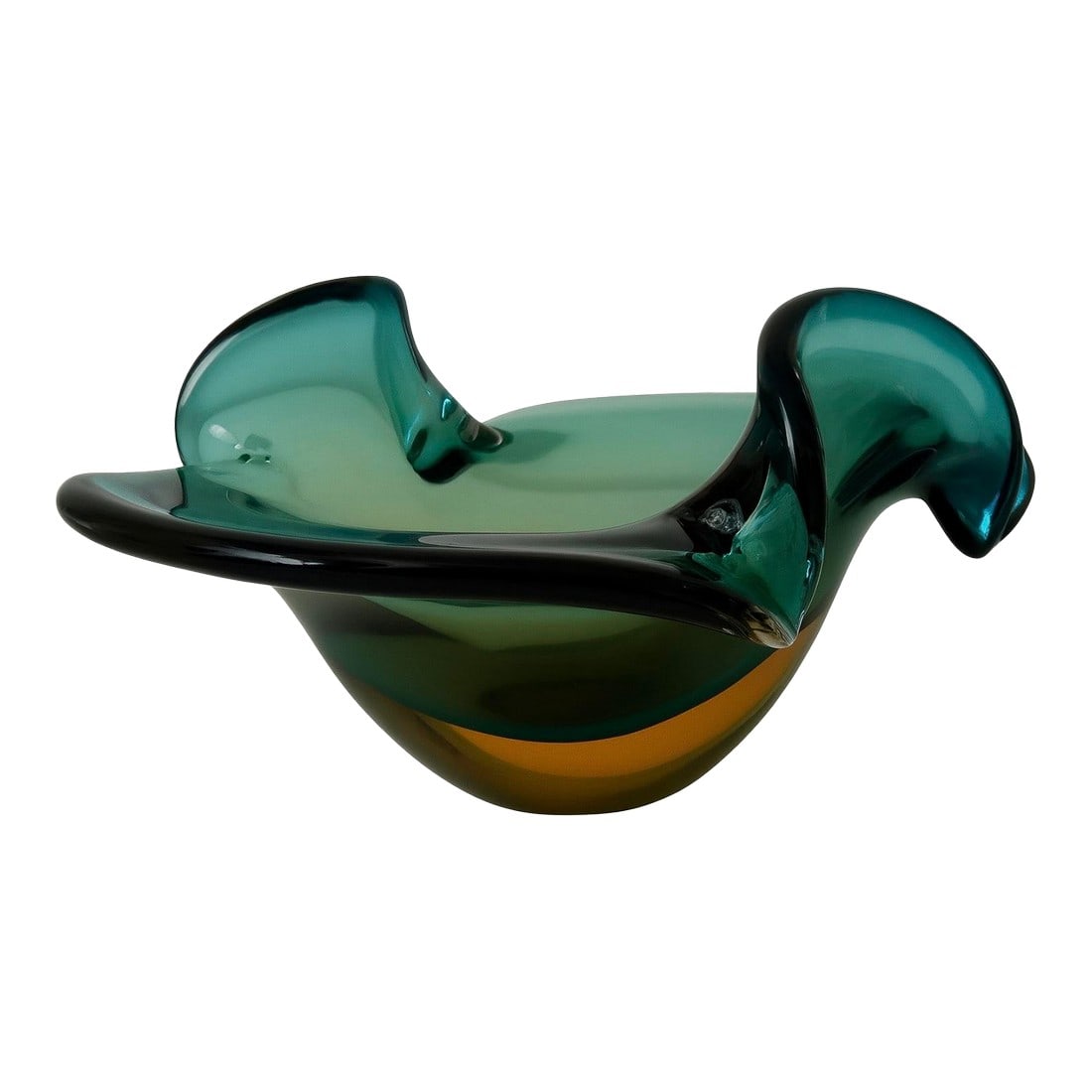 Italian Sommerso Teal-and-Honey, Sculptural Art Glass Bowl "” Detroit Modern Archive: Italian teal-and-honey sommerso art glass bowl with sculptural pinched form. Glowing mid-century palette. A Detroit Modern Archive selection. Condition: Alterations: Original Condition Unaltered Imper