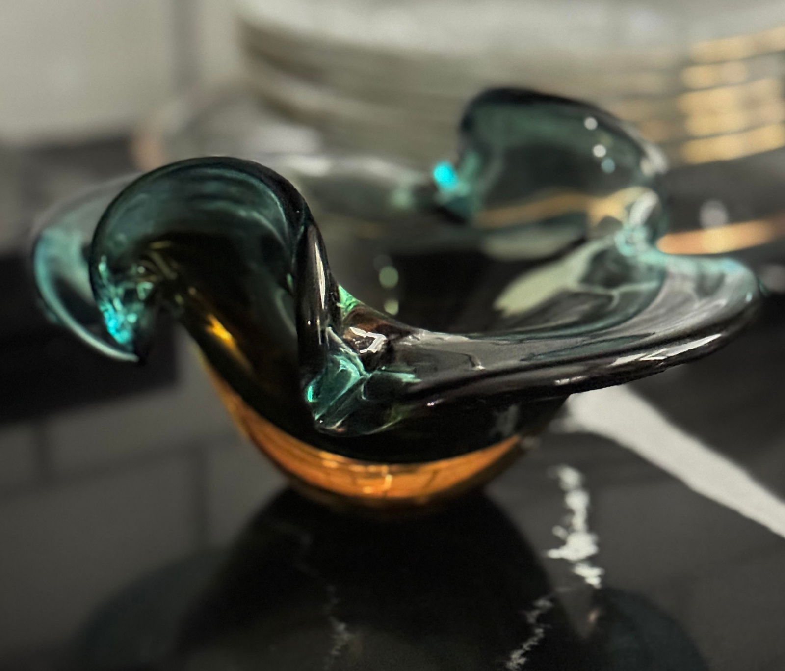 Italian Sommerso Teal-and-Honey, Sculptural Art Glass Bowl "” Detroit Modern Archive - 2
