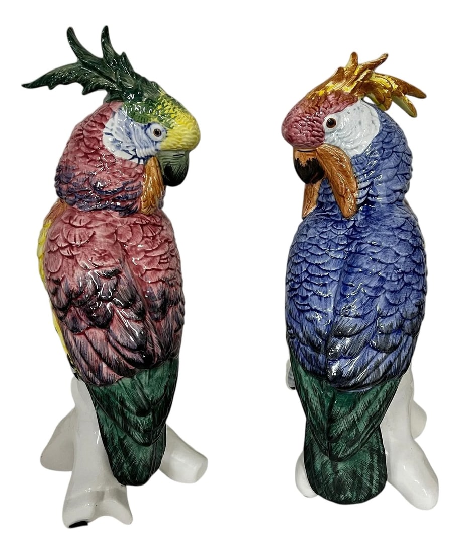 Vintage Italian Chelsea House Parrots- A Pair: Offering these vintage Chelsea House Italian parrot figurines. Hand painted in vivid colors of blue, pink, yellow, green on a white base. Each measures approximately 6" square x 14" h. No cracks or