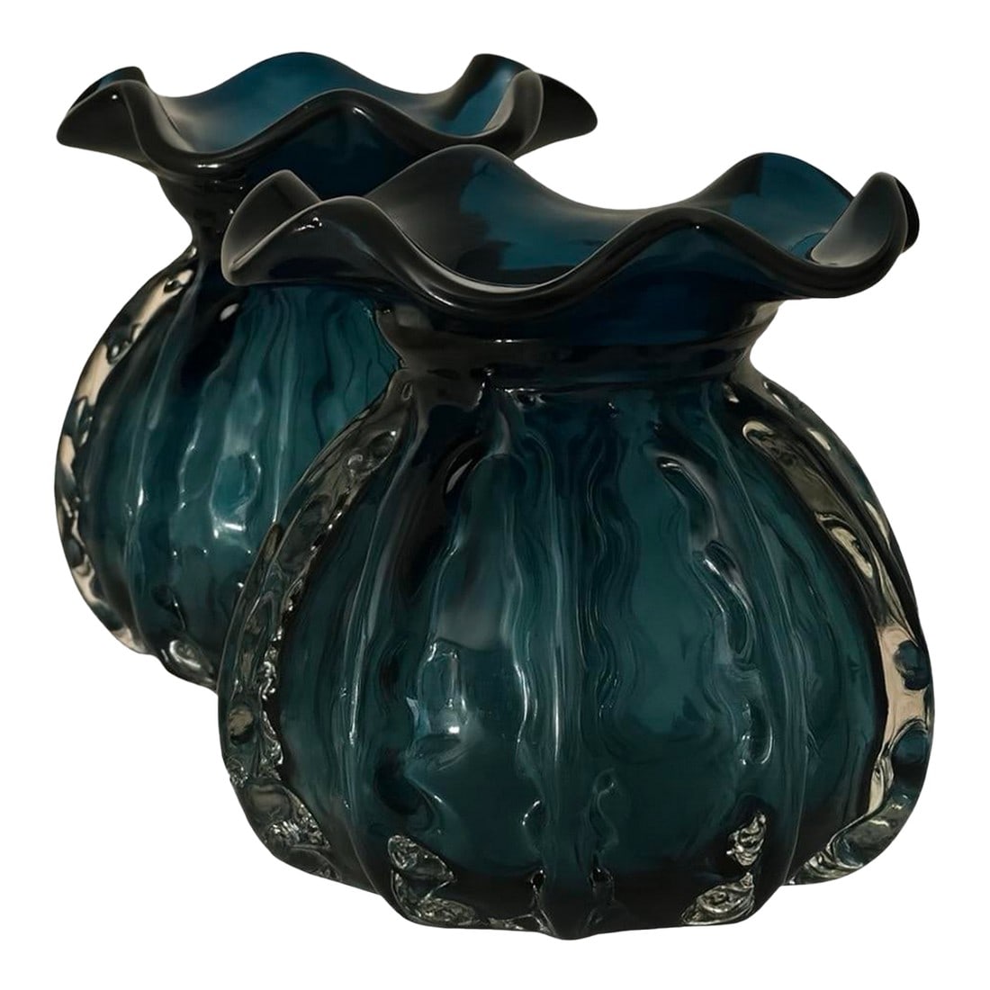 Cerulean Blue Fluid-Form Art Glass Vessels "” Hand-Blown Pair: A sculptural pair of mid-century hand-blown teal glass vases, each with a dramatic ruffled rim and deep sommerso-style color. Heavy, symmetrical, and striking in silhouette "” a designer-level