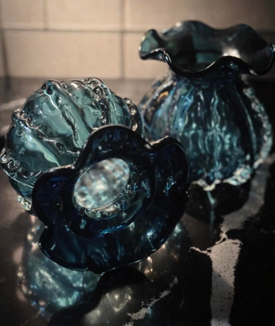 Cerulean Blue Fluid-Form Art Glass Vessels "” Hand-Blown Pair - 2