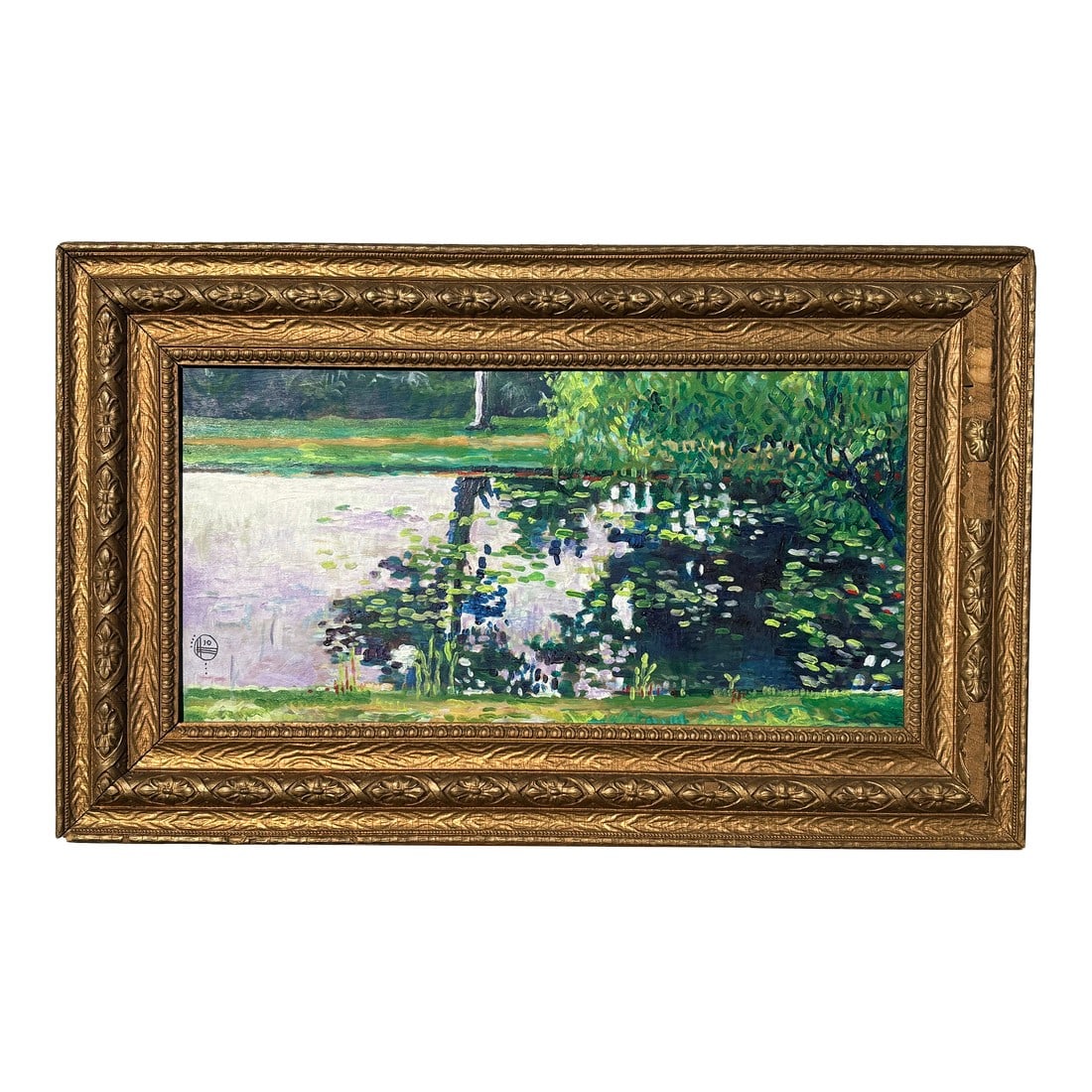 The Pond - Original Oil on Board in the Impressionist Style: Impressive 2000s era original oil on board of a water lily pond scene. Artisan signed, beautifully crafted, and - interestingly - presented in a late 19th C. antique gilt wood frame of the period when
