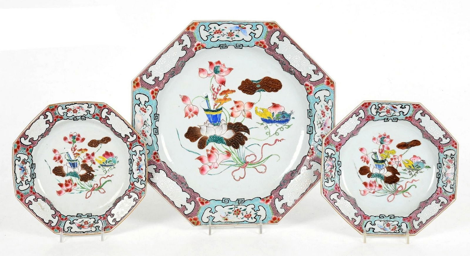Chinese Export Porcelain Famille Rose Octagonal Botanical Plates- A Pair - 5