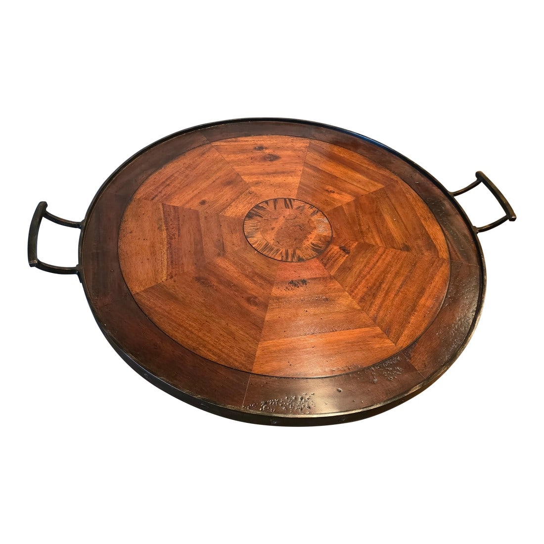 Rustic European Style Serving Tray: Beautiful marquetry round wood tray with an outer rim iron strap and iron handles. Condition: Alterations: Original Condition Unaltered Imperfections: Some Imperfections Condition Notes: Great