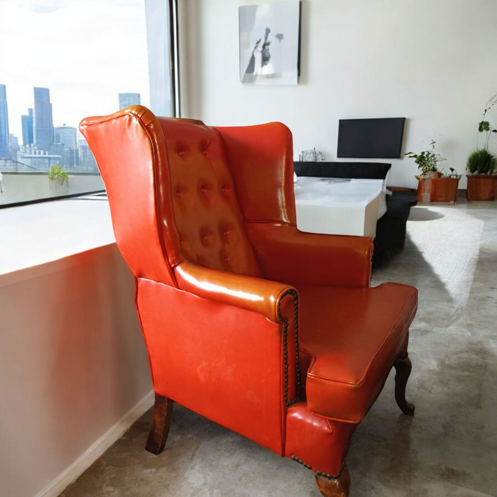 1960s Mid-Century Burnt Orange Armchair & Ottoman - 2