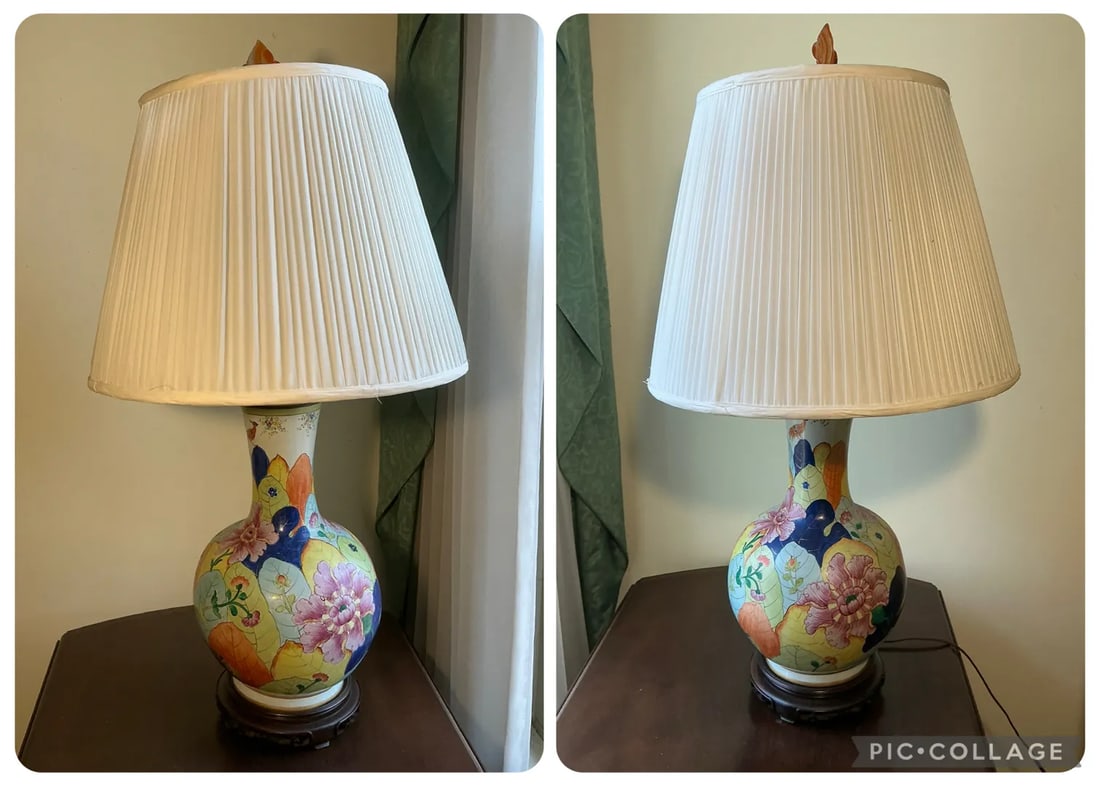 Vintage Chinese Export Tobacco Leaf Porcelain Table Lamps - Pair 31"h - 2