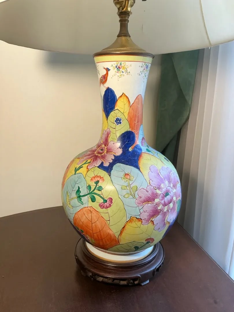 Vintage Chinese Export Tobacco Leaf Porcelain Table Lamps - Pair 31"h - 3