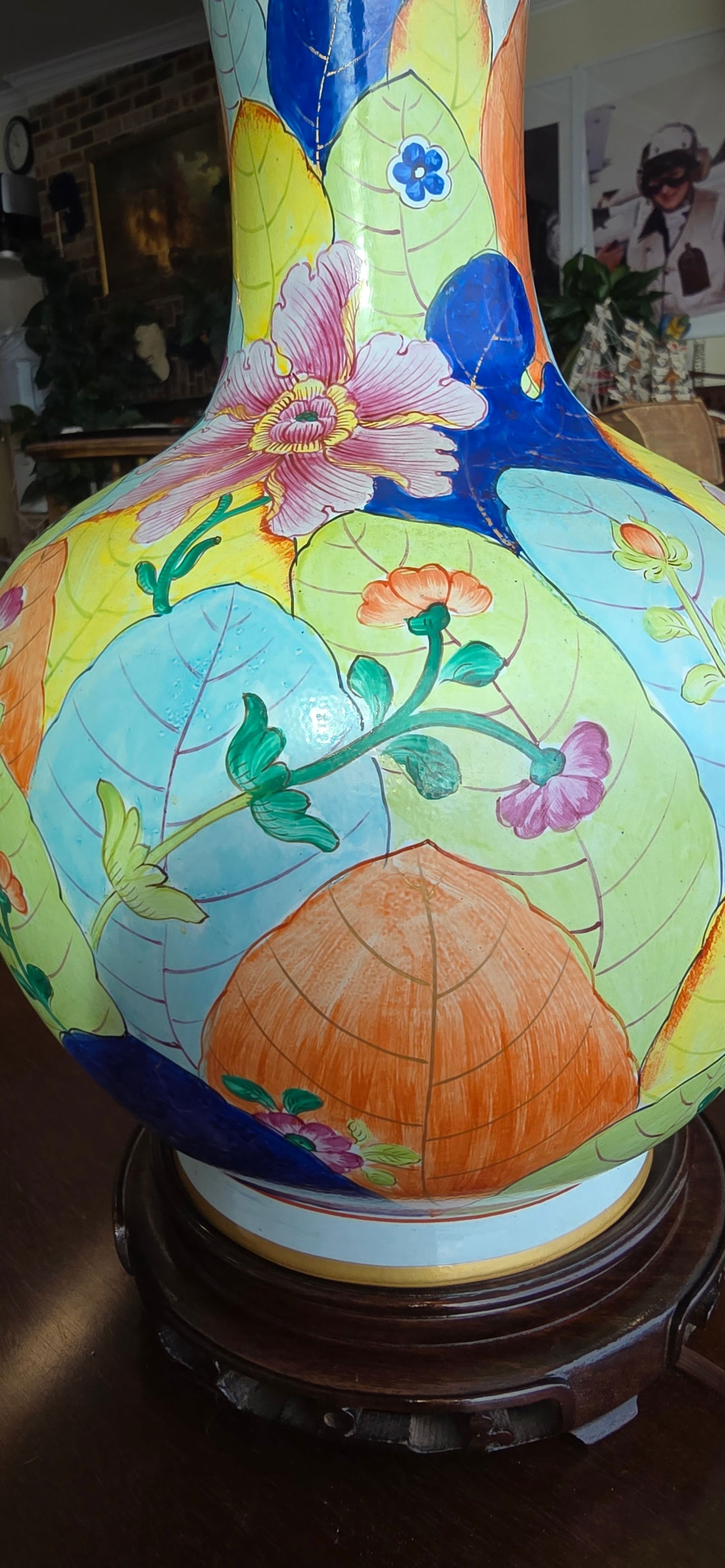 Vintage Chinese Export Tobacco Leaf Porcelain Table Lamps - Pair 31"h - 6