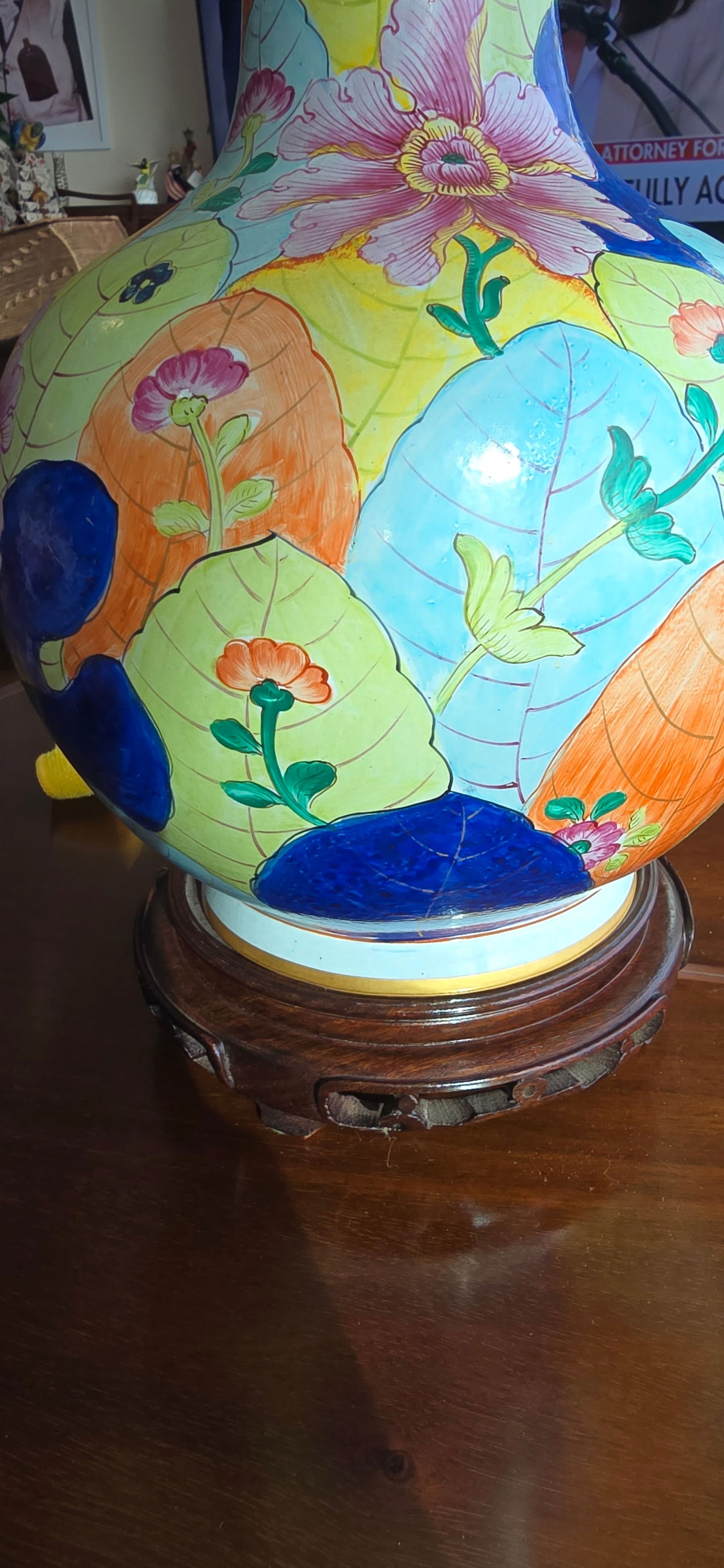 Vintage Chinese Export Tobacco Leaf Porcelain Table Lamps - Pair 31"h - 7