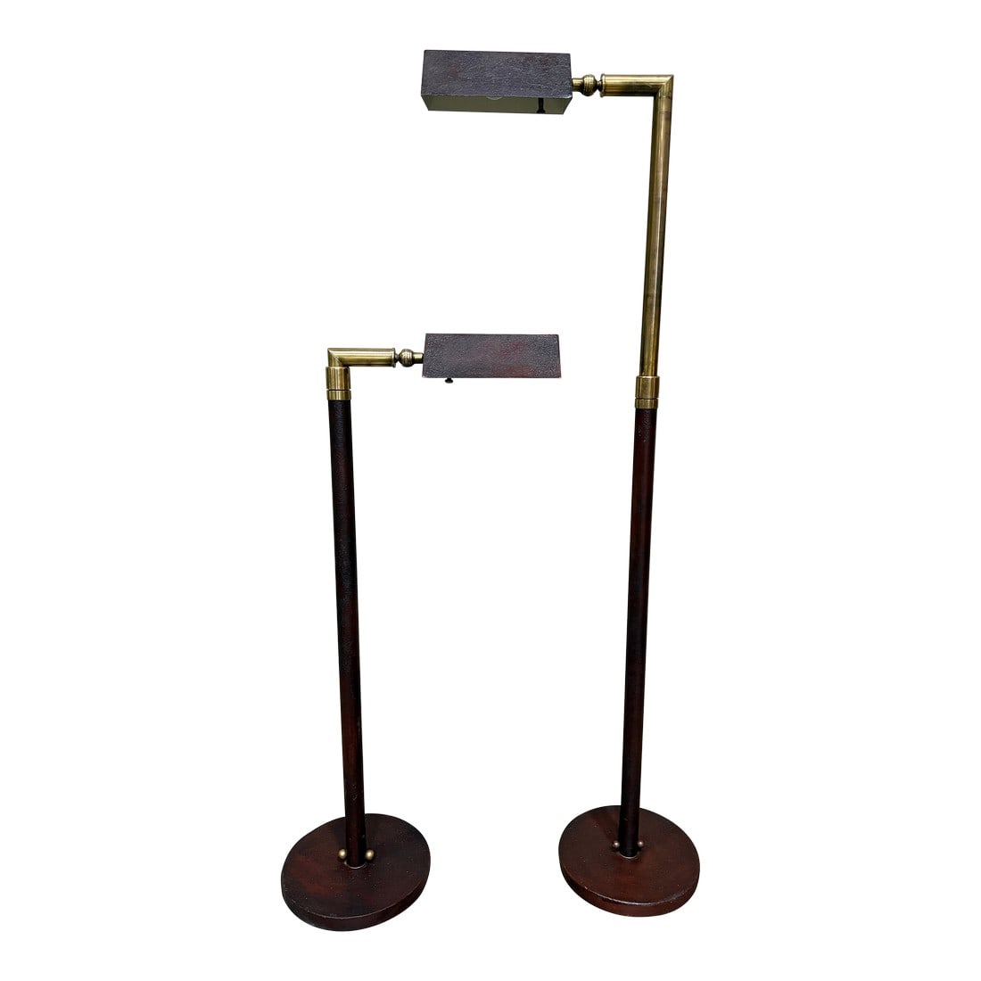 1960s Mid Century Adjustable Floor Lamps "” Brass & Textured Metal Directional Lamps (Pair): A striking pair of midcentury adjustable floor lamps constructed from solid brass and textured metal finished in a rich rust-brown tone. These lamps offer sculptural silhouettes and directional lighti