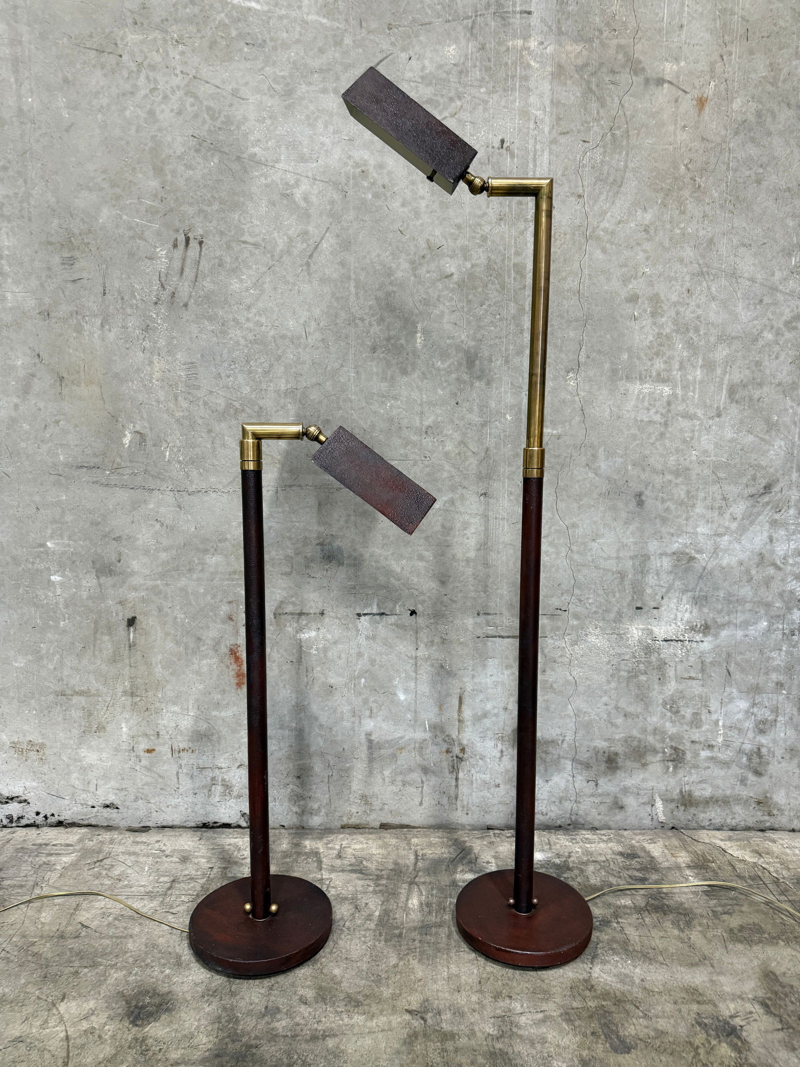 1960s Mid Century Adjustable Floor Lamps "” Brass & Textured Metal Directional Lamps (Pair) - 2