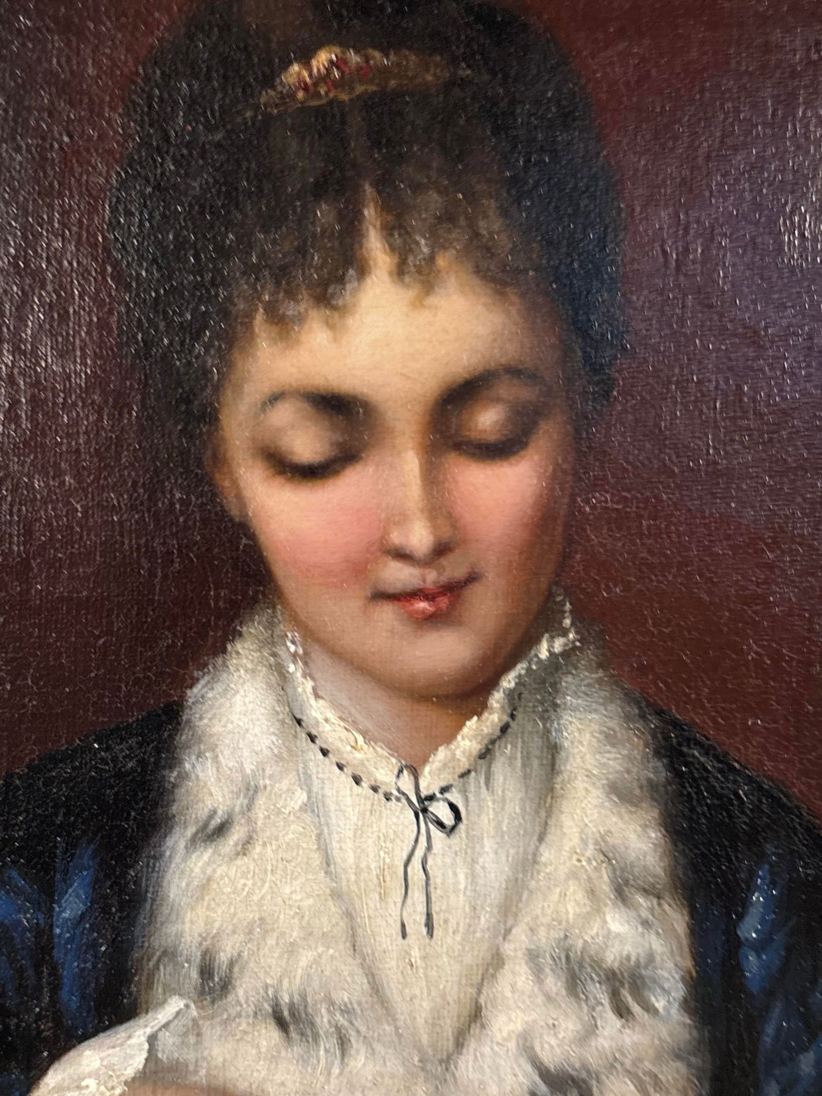 19th-C. American Portrait of a Lady in Blue – Oil on Canvas – Restored Antique Frame - 2