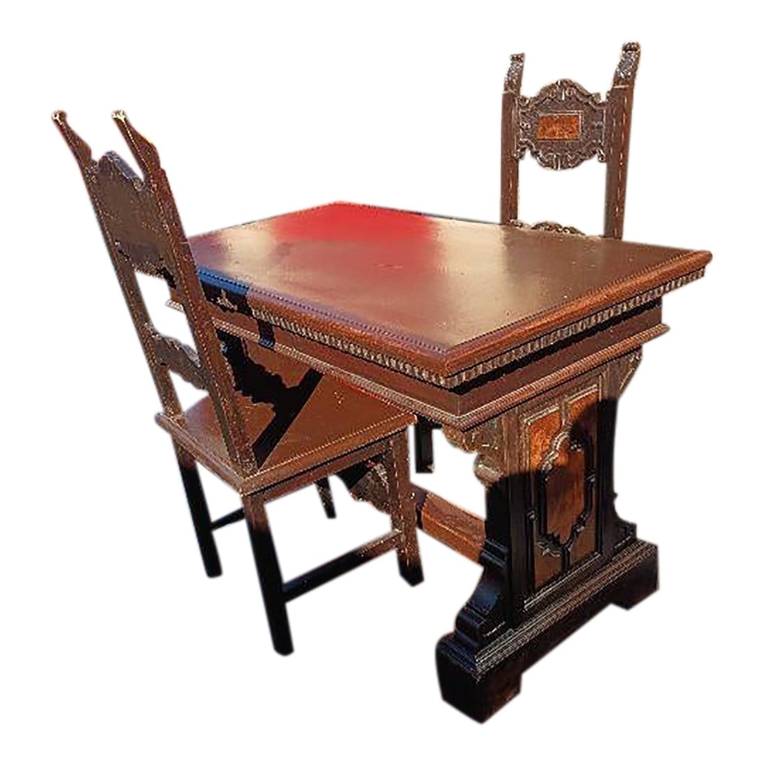 1940s Exquisite Italian Office Desk and Two Perfectly Matched Chairs: Elevate your workspace with this exquisite Italian office desk and its two perfectly matched chairs. Handcrafted with meticulous detail, this stunning set is more than just furniture"”it's a
