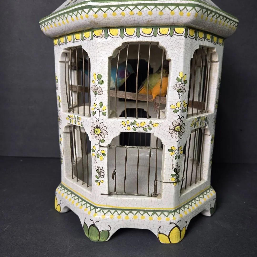 Vintage 18" Italian Majolica Pagoda Birdcage With Birds – Crackle Glaze Florals - 12
