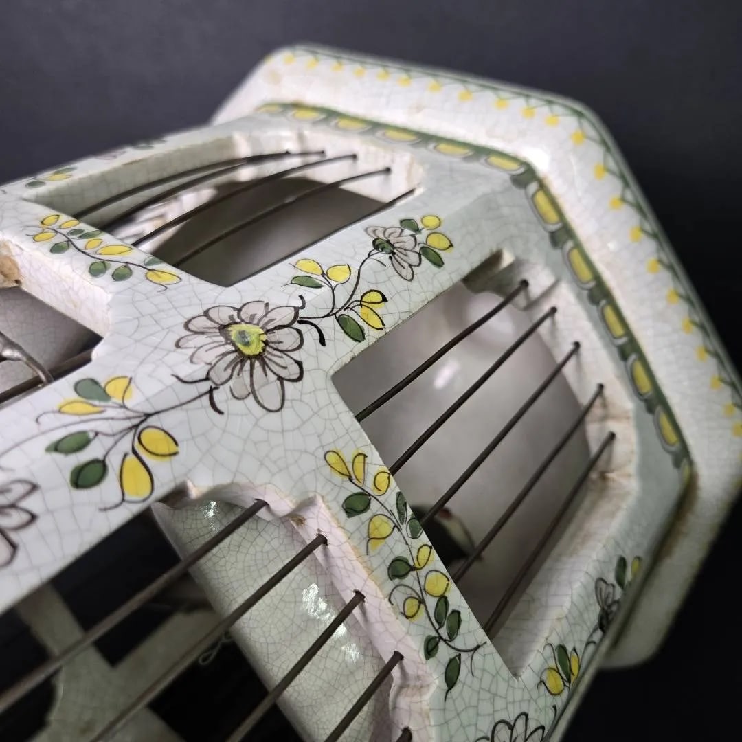 Vintage 18" Italian Majolica Pagoda Birdcage With Birds – Crackle Glaze Florals - 13