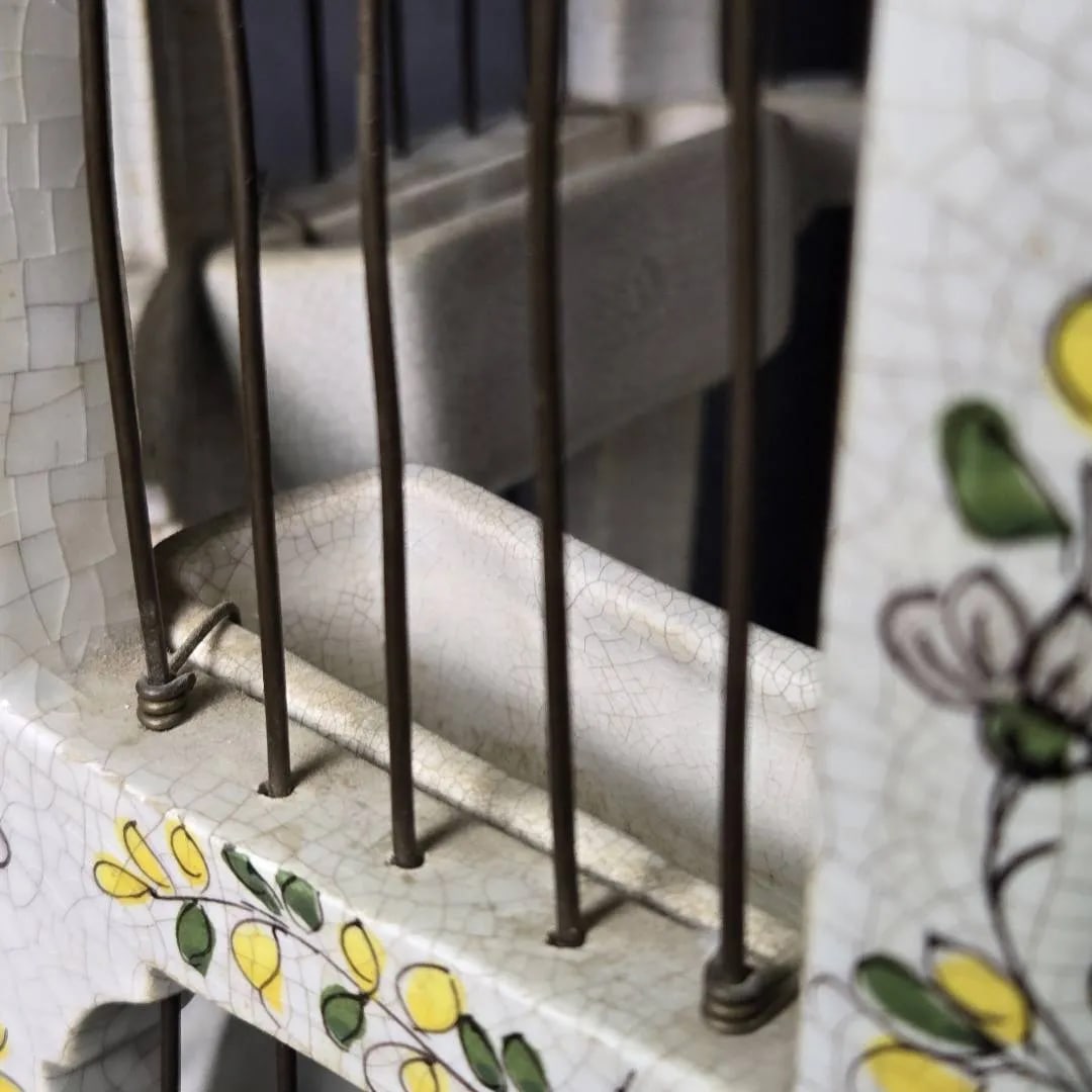 Vintage 18" Italian Majolica Pagoda Birdcage With Birds – Crackle Glaze Florals - 2