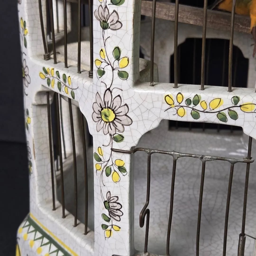 Vintage 18" Italian Majolica Pagoda Birdcage With Birds – Crackle Glaze Florals - 7