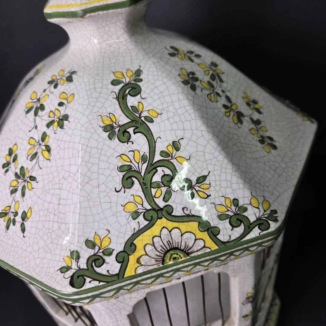 Vintage 18" Italian Majolica Pagoda Birdcage With Birds – Crackle Glaze Florals - 8
