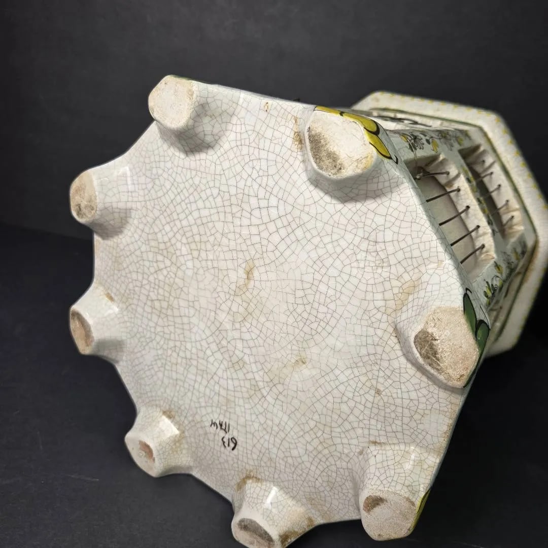 Vintage 18" Italian Majolica Pagoda Birdcage With Birds – Crackle Glaze Florals - 9