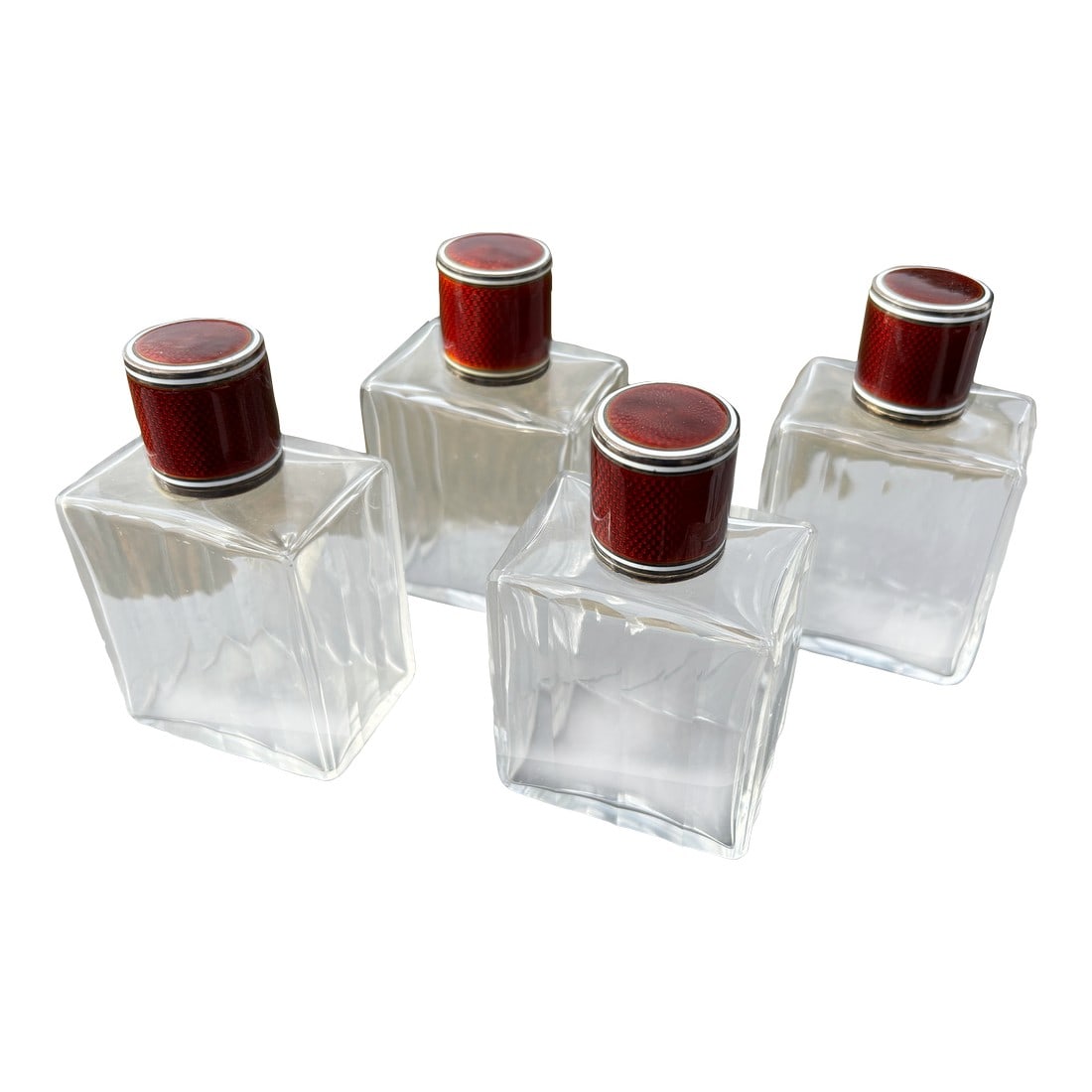 19th C. Red Guilloche Enamel, Sterling and Crystal Vessels - Set of Four Large Fragrance Bottles (1 of 10)