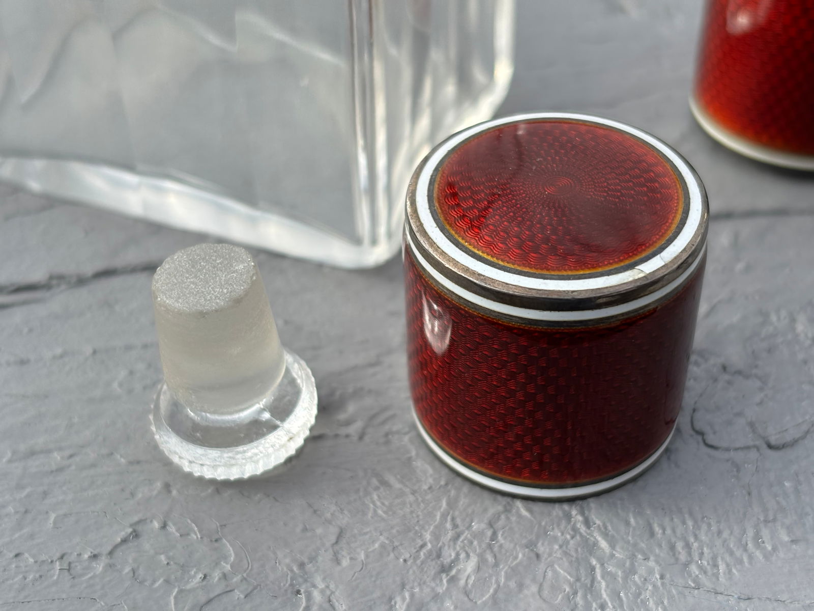 19th C. Red Guilloche Enamel, Sterling and Crystal Vessels - Set of Four Large Fragrance Bottles - 2