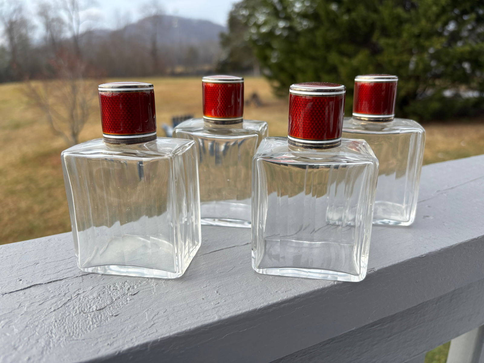 19th C. Red Guilloche Enamel, Sterling and Crystal Vessels - Set of Four Large Fragrance Bottles - 3