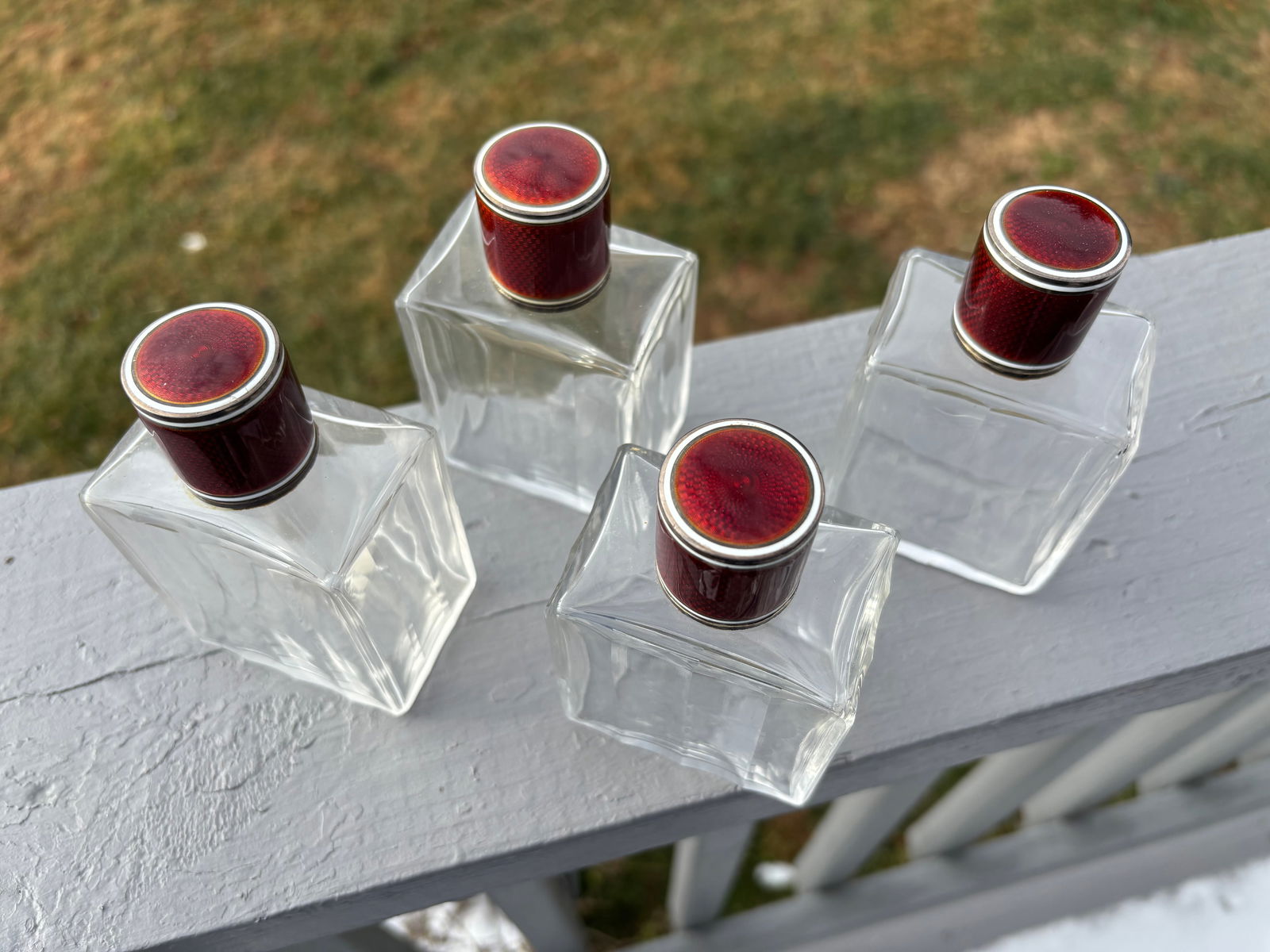 19th C. Red Guilloche Enamel, Sterling and Crystal Vessels - Set of Four Large Fragrance Bottles - 4
