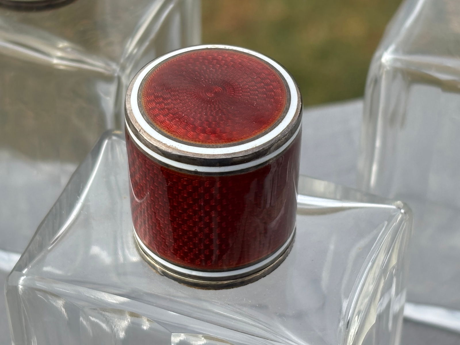 19th C. Red Guilloche Enamel, Sterling and Crystal Vessels - Set of Four Large Fragrance Bottles - 5