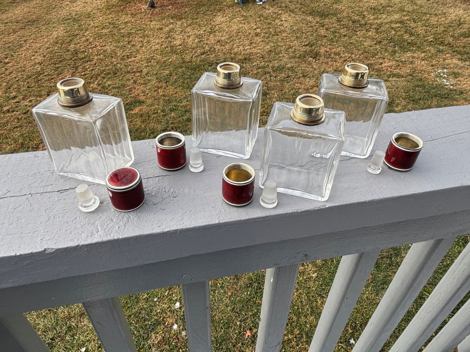 19th C. Red Guilloche Enamel, Sterling and Crystal Vessels - Set of Four Large Fragrance Bottles - 6
