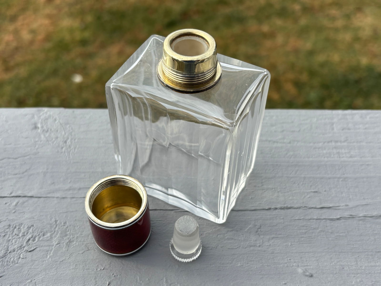 19th C. Red Guilloche Enamel, Sterling and Crystal Vessels - Set of Four Large Fragrance Bottles - 8