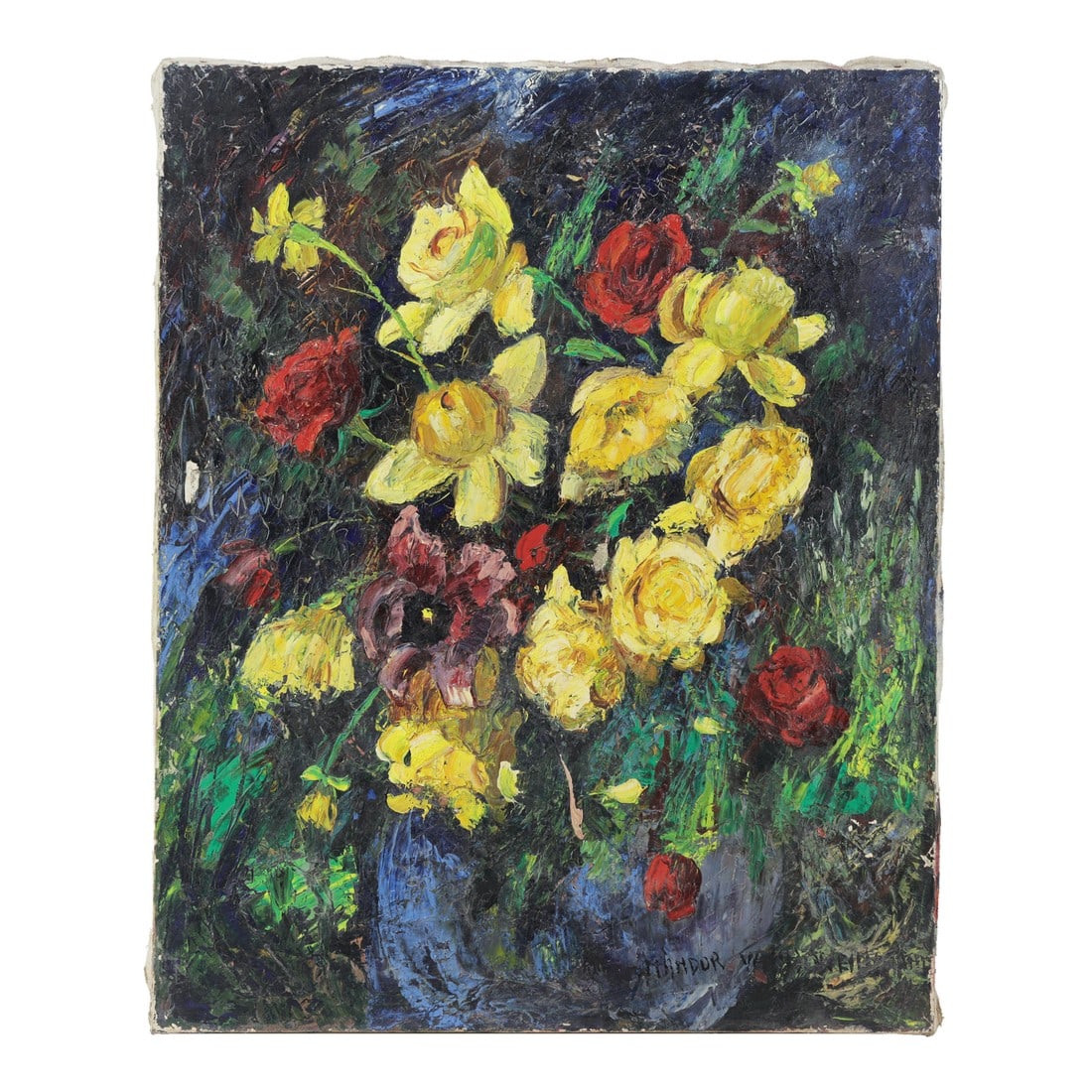 Nandor Vagh Weinmann Impasto Floral Still Life Oil Painting: This vibrant original oil painting is executed on canvas or board using the expressive impasto technique, resulting in thick, highly textured applications of paint that give the floral arrangement a