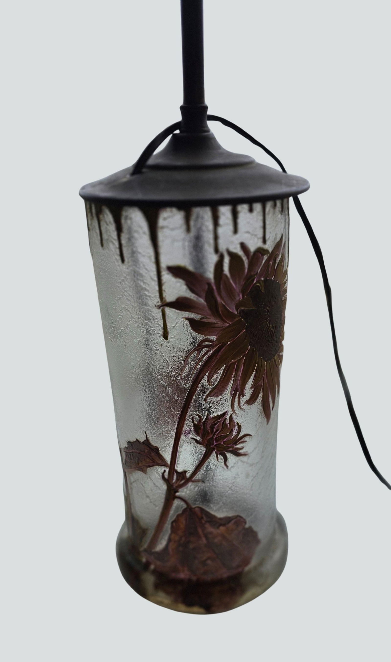 Antique Mont Joye French Art Nouveau Glass Lamp - Hand-Painted Sunflower Legras Cameo Glass - 11