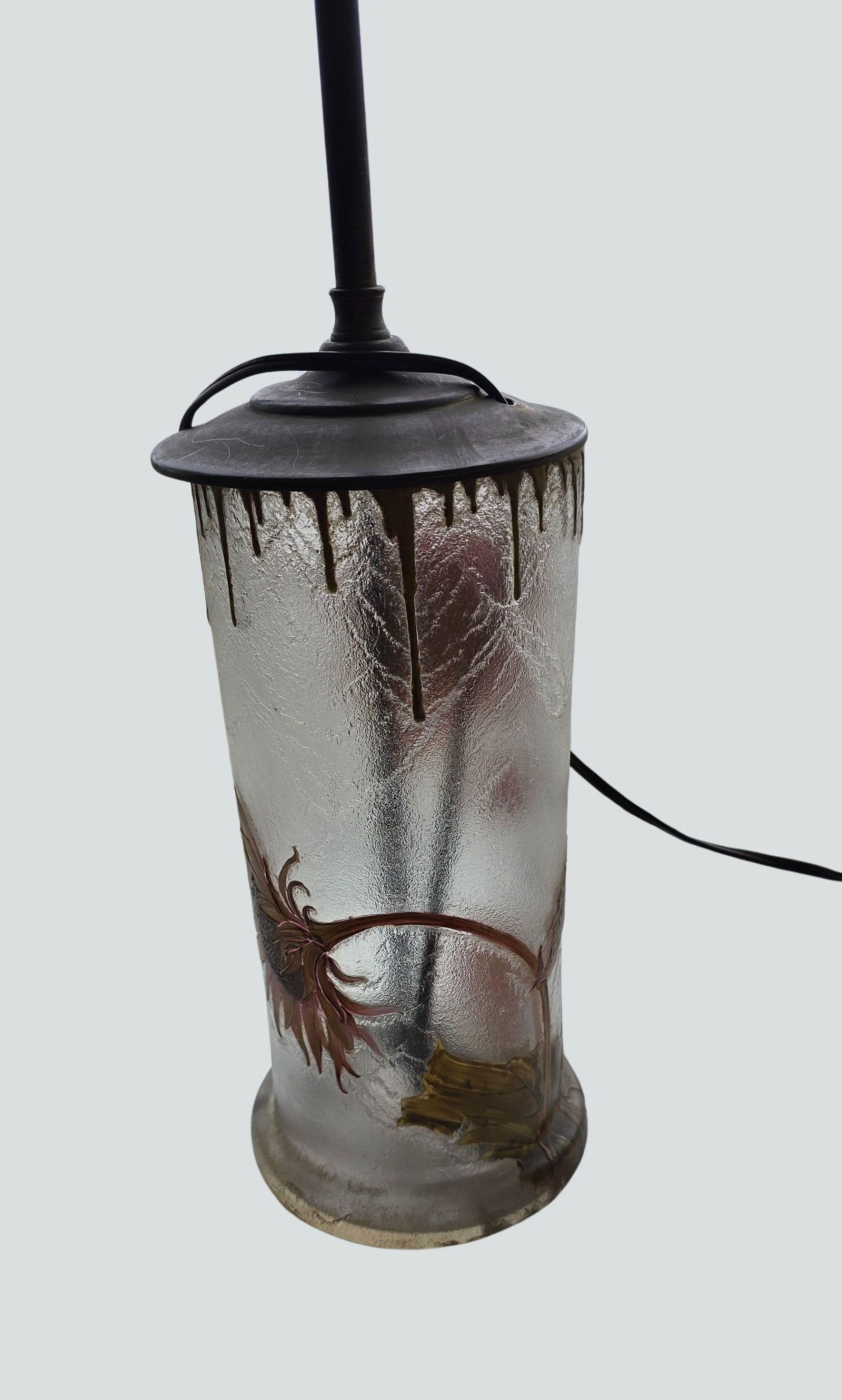Antique Mont Joye French Art Nouveau Glass Lamp - Hand-Painted Sunflower Legras Cameo Glass - 13
