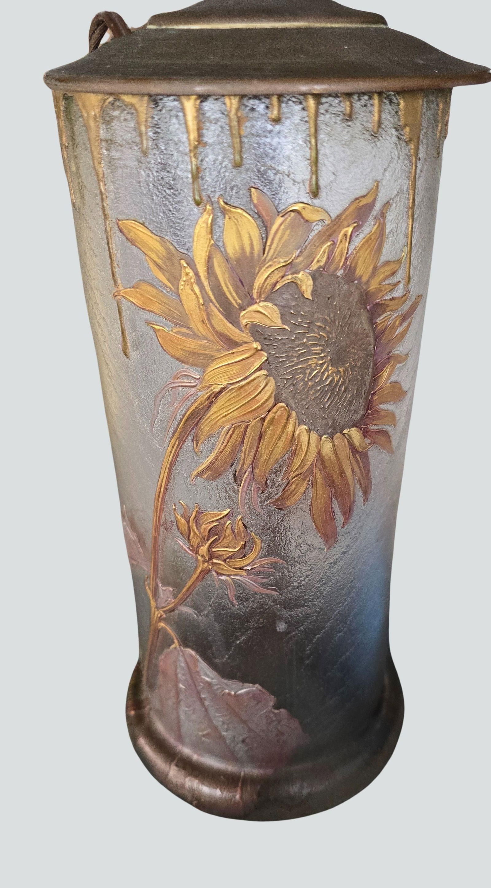 Antique Mont Joye French Art Nouveau Glass Lamp - Hand-Painted Sunflower Legras Cameo Glass - 2