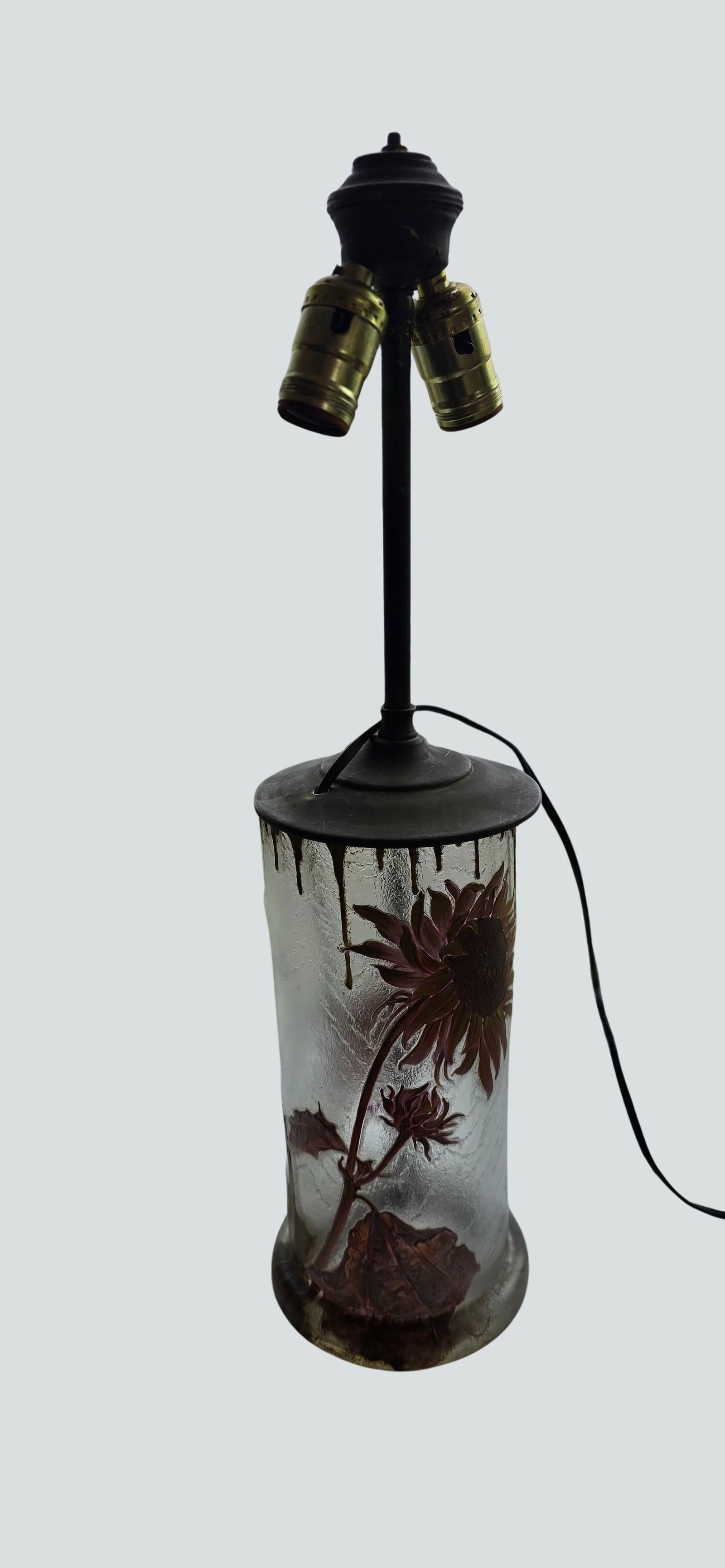 Antique Mont Joye French Art Nouveau Glass Lamp - Hand-Painted Sunflower Legras Cameo Glass - 8