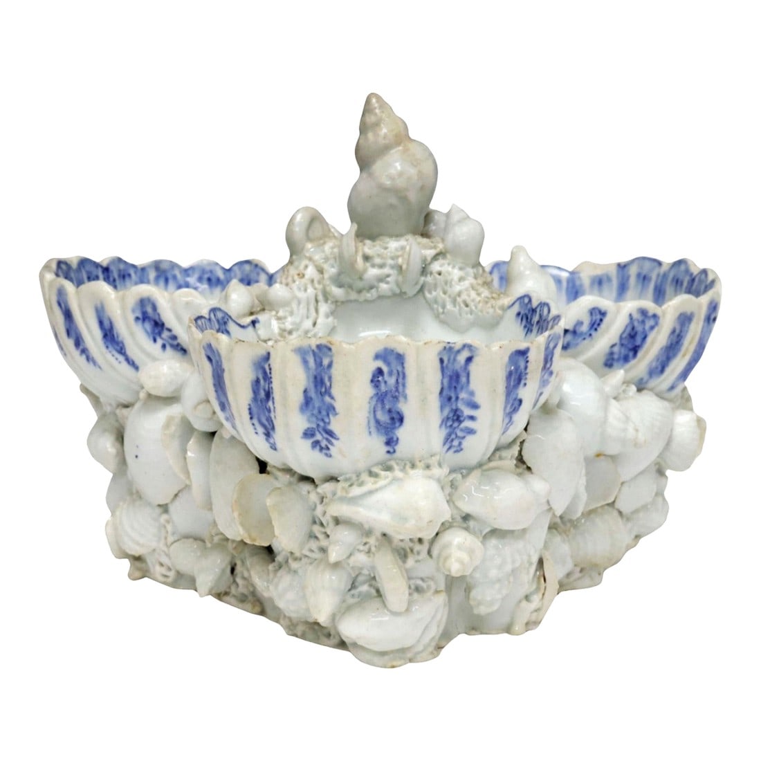 Bow Porcelain Underglaze Blue & White Shell Sweetmeat Stand: 18th-century Bow Porcelain Underglaze Blue Shell Sweetmeat or Pickle Dish, Circa 1755 The Bow factory sweetmeat or pickle stand has three clam dishes raised on a stand encrusted with porcelain