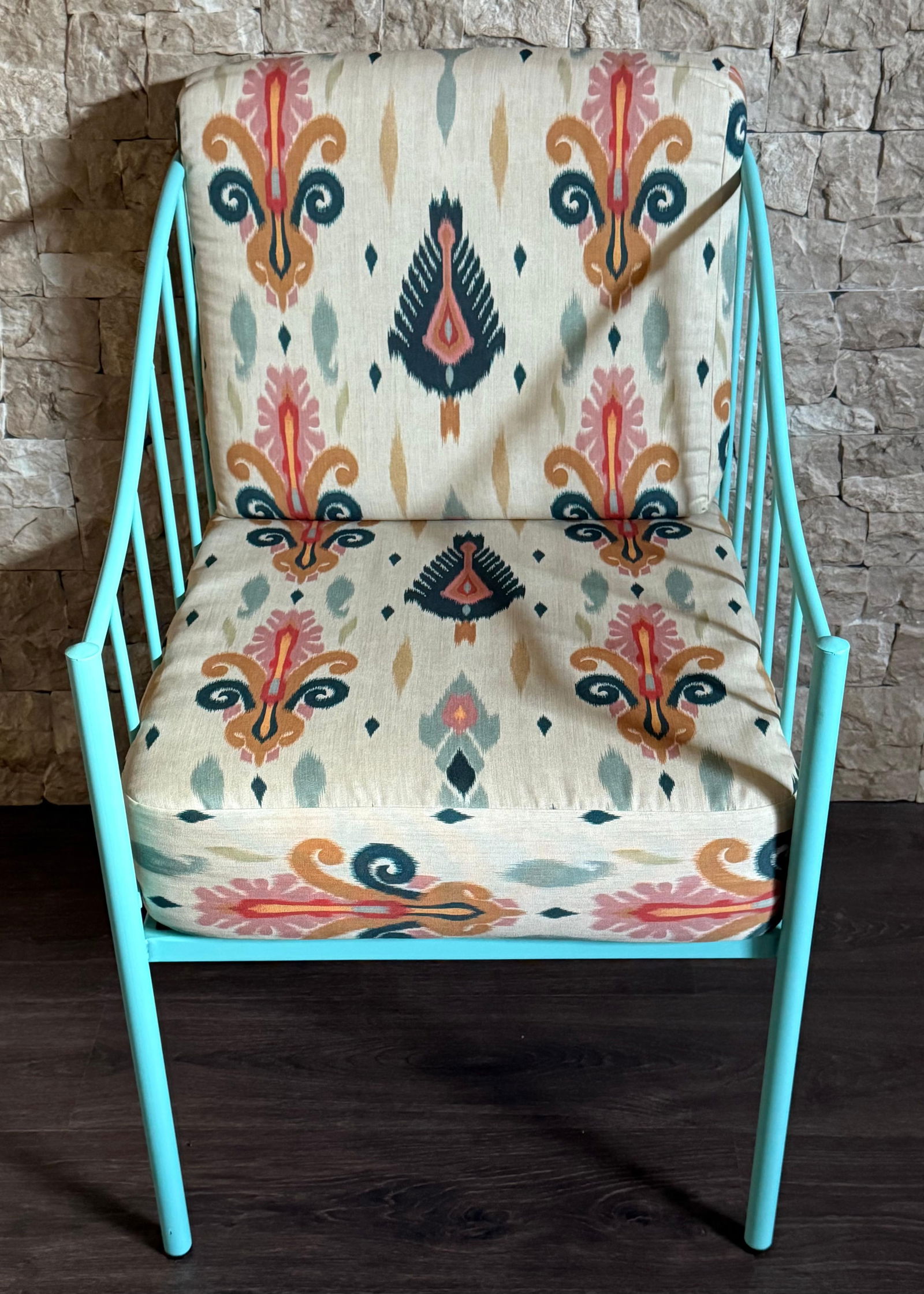 Pair of Wrought Iron Turquoise Lounge Chairs with Outdoor Geometrical Fabric - 10