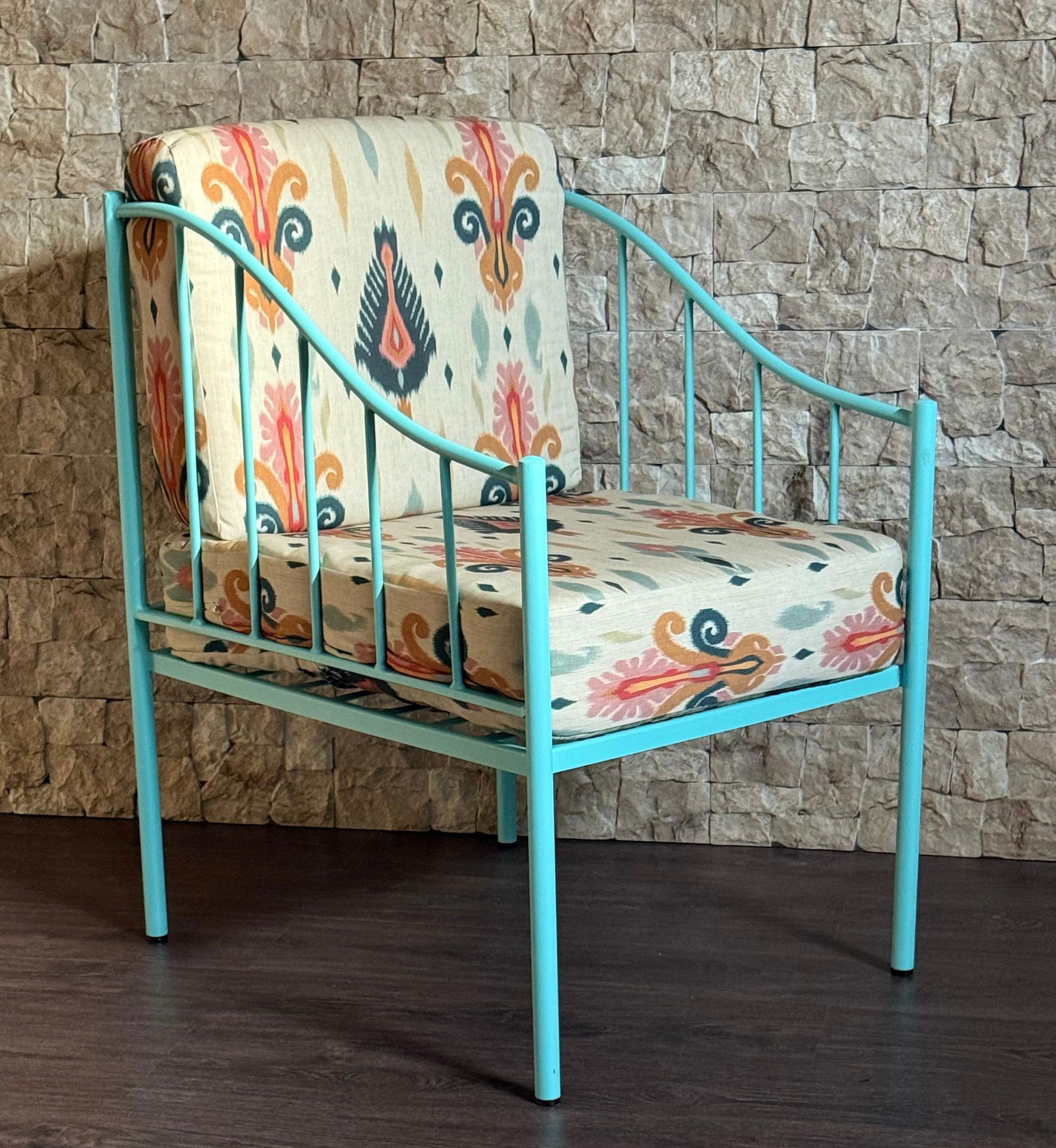 Pair of Wrought Iron Turquoise Lounge Chairs with Outdoor Geometrical Fabric - 12