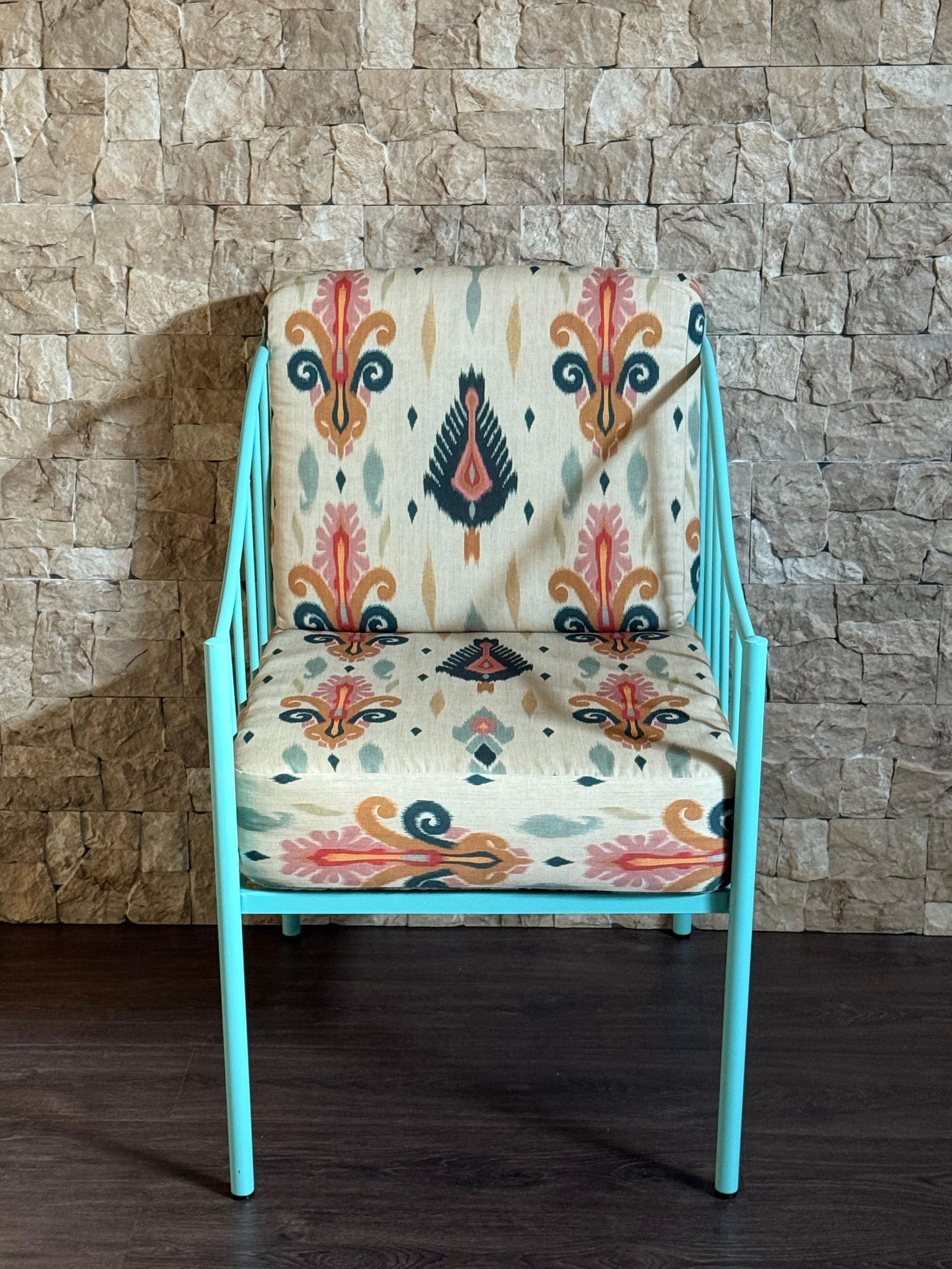 Pair of Wrought Iron Turquoise Lounge Chairs with Outdoor Geometrical Fabric - 18