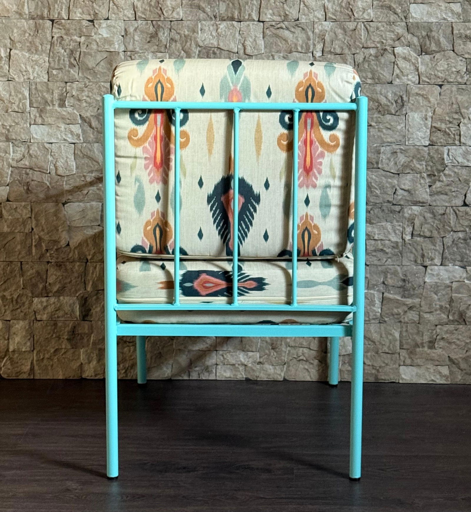 Pair of Wrought Iron Turquoise Lounge Chairs with Outdoor Geometrical Fabric - 2