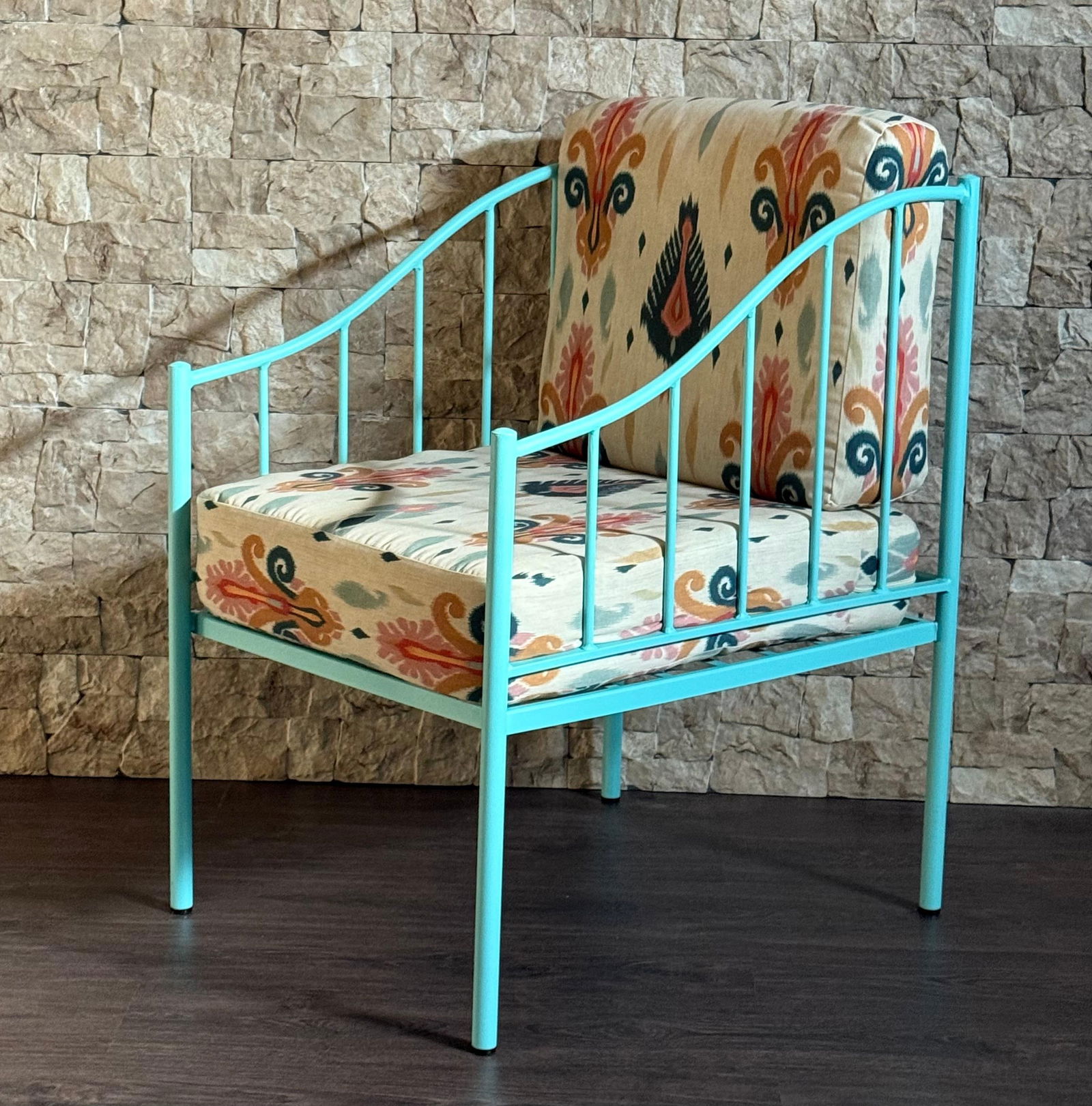 Pair of Wrought Iron Turquoise Lounge Chairs with Outdoor Geometrical Fabric - 3