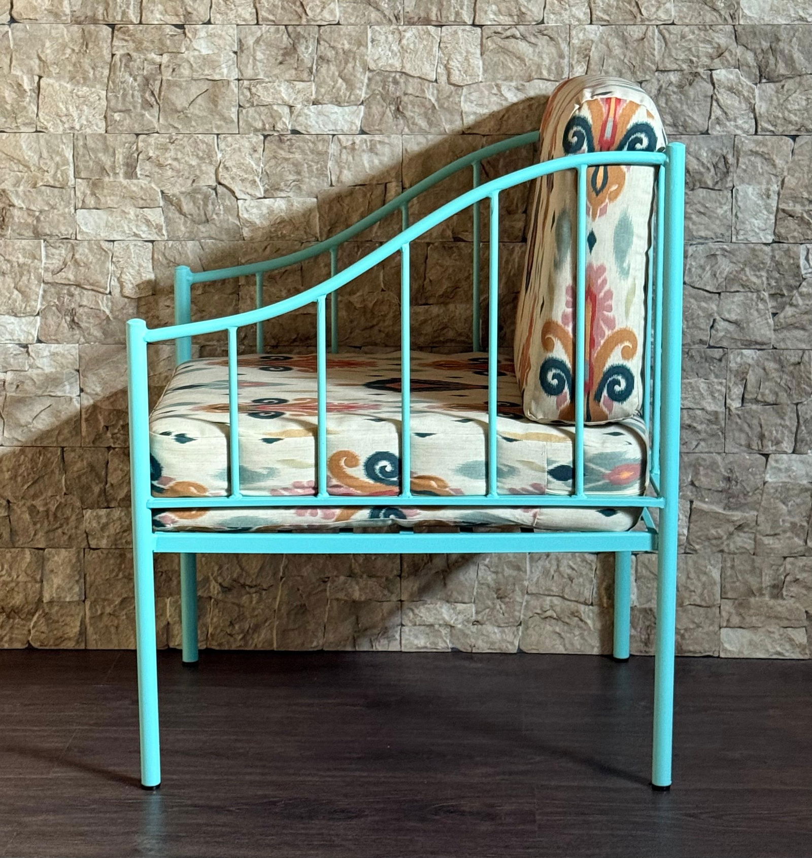 Pair of Wrought Iron Turquoise Lounge Chairs with Outdoor Geometrical Fabric - 4