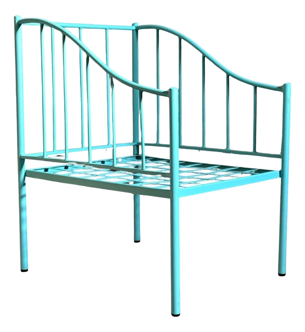 Wrought Iron Turquoise Lounge Chair for Outdoor with Grid Seat: Wrought Iron Turquoise Lounge Chairs suitable for outdoor. Height to the arm ( low part ) : 25.59in Condition: Imperfections: No Imperfections Condition Notes: New Dimensions: Height: 34.65 in.